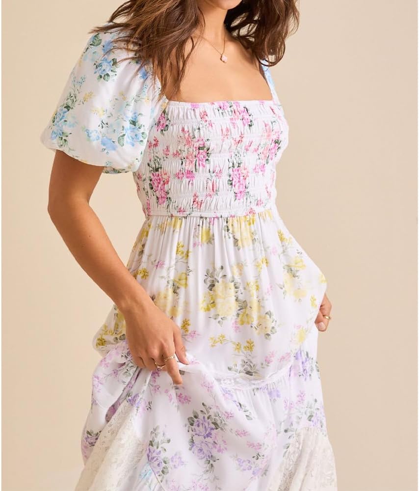 Women Floral Maxi Dress Smocked Puff Sleeve Square Neck Lace Patchwork Tiered Boho Long Dress Vacation Garden Party