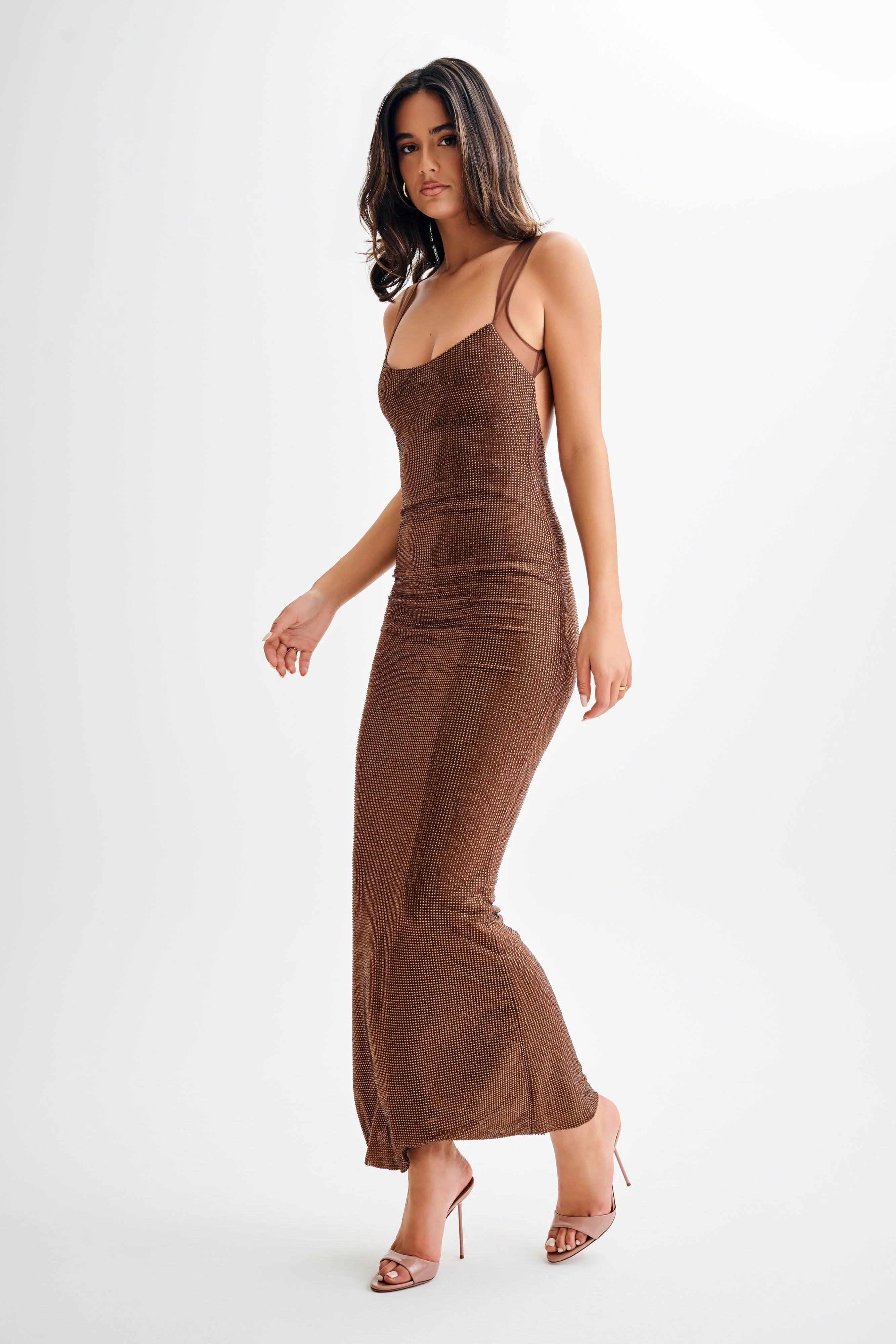 Jasmyn Hot Fix Maxi Dress With Mesh Back Chocolate