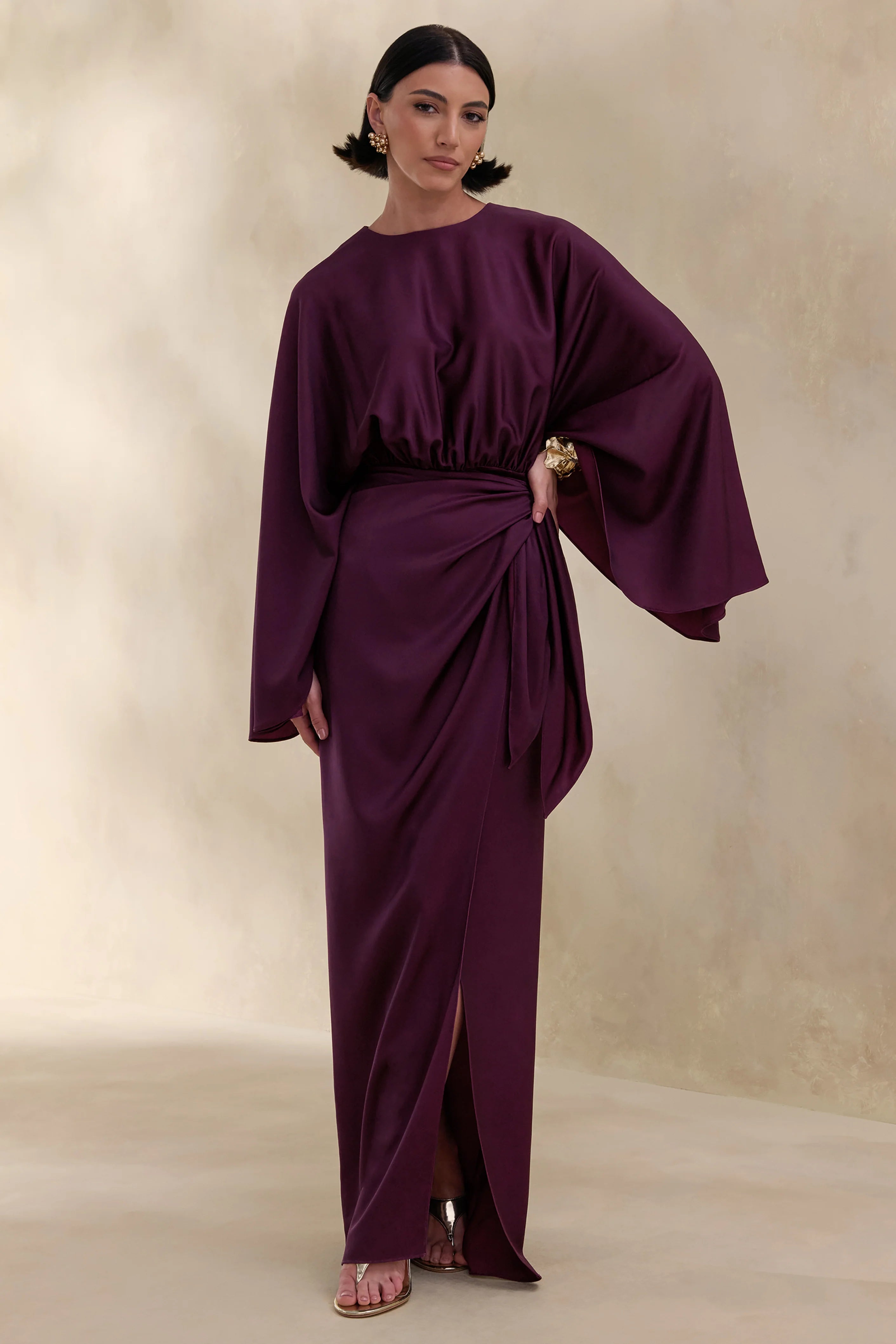 Delphina Plum Satin Maxi Dress With Gathered And Knot Detail