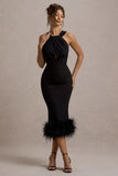 Titania Black Twist Neck Feather Hem Midi Dress