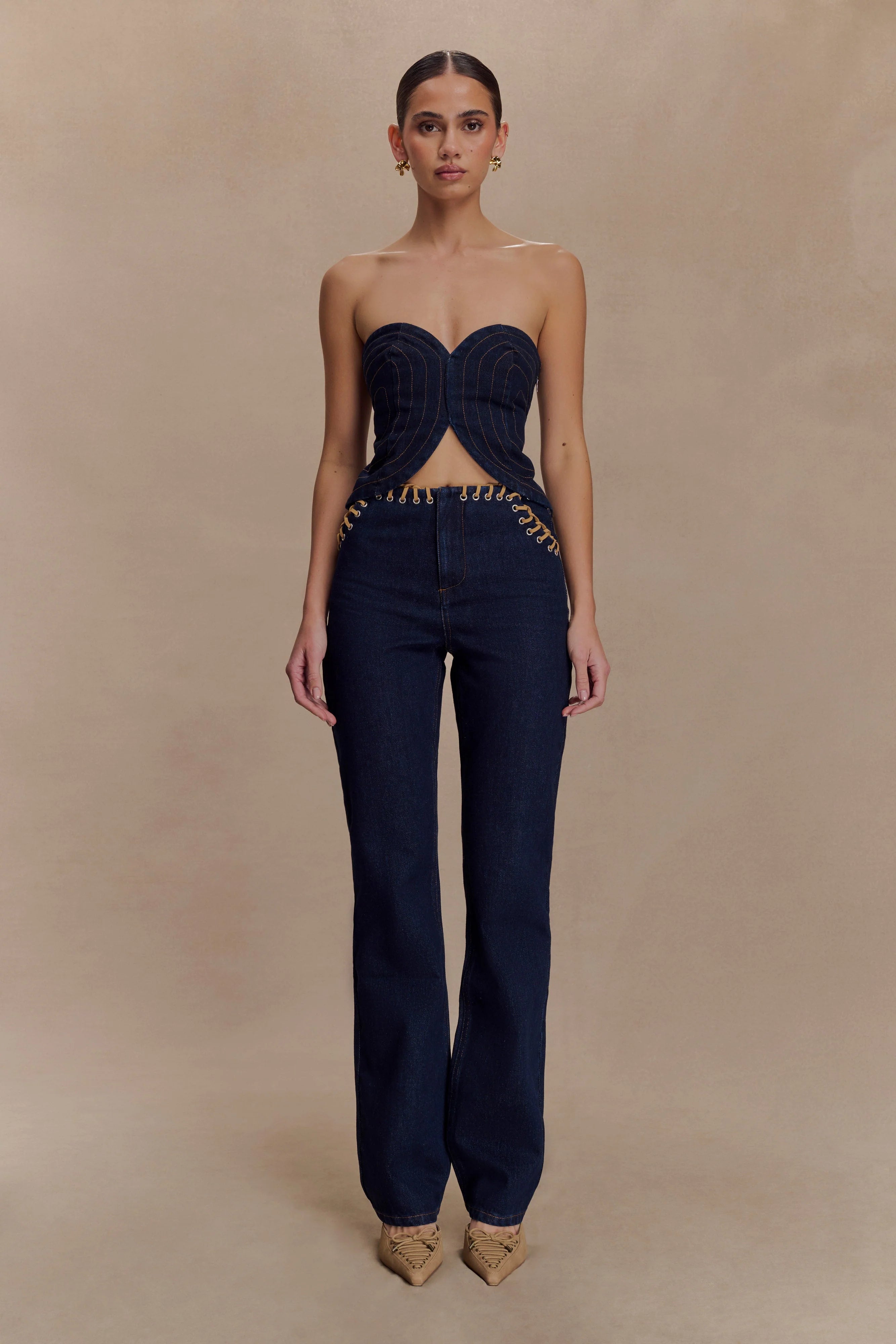 Meryl Lace Up Denim Jean Indigo Blue