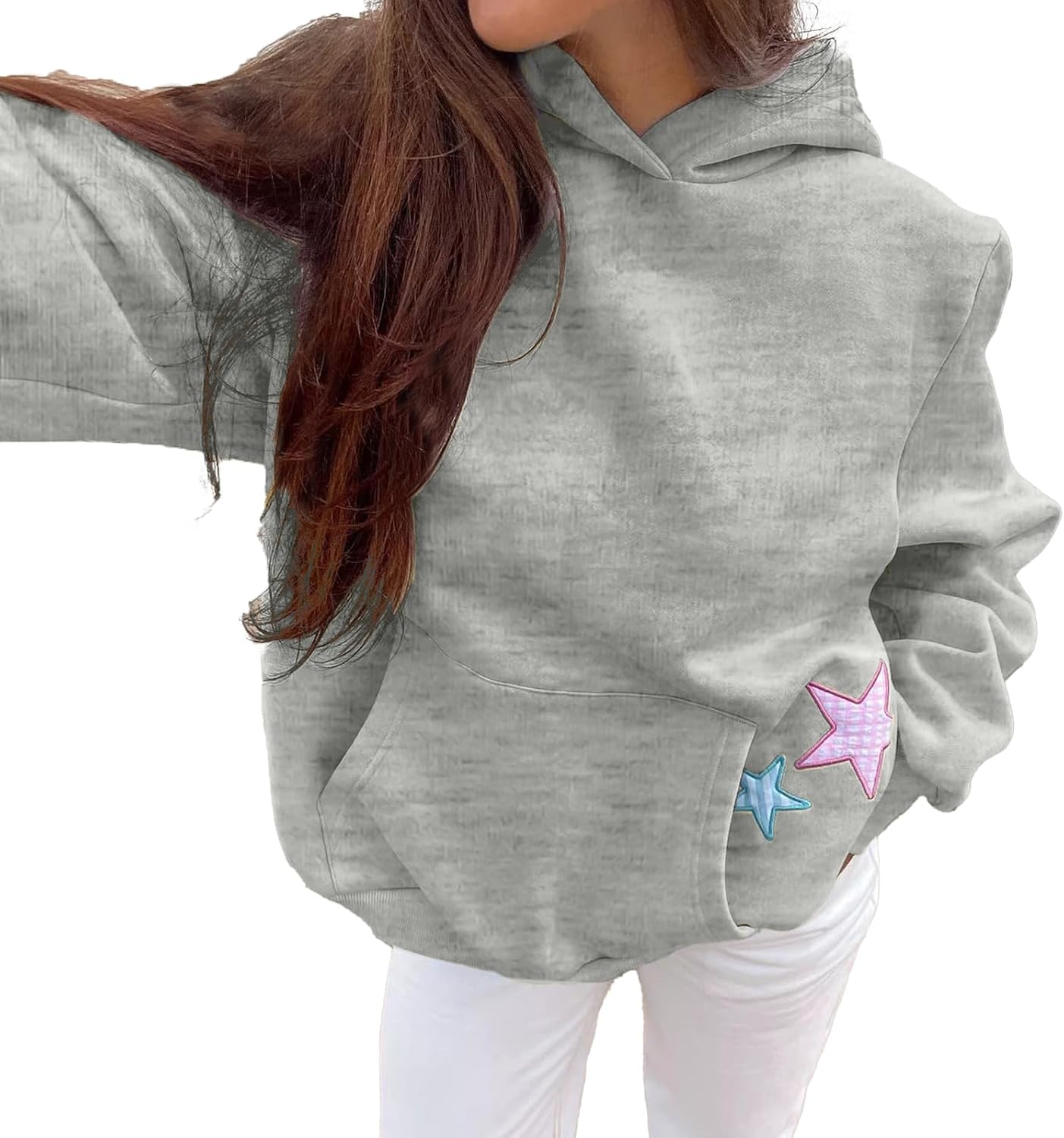 Women Cute Hoodies Oversized Y2k Star Patch Fleece Sweatshirt Pastel Hoodie for Teen Girls
