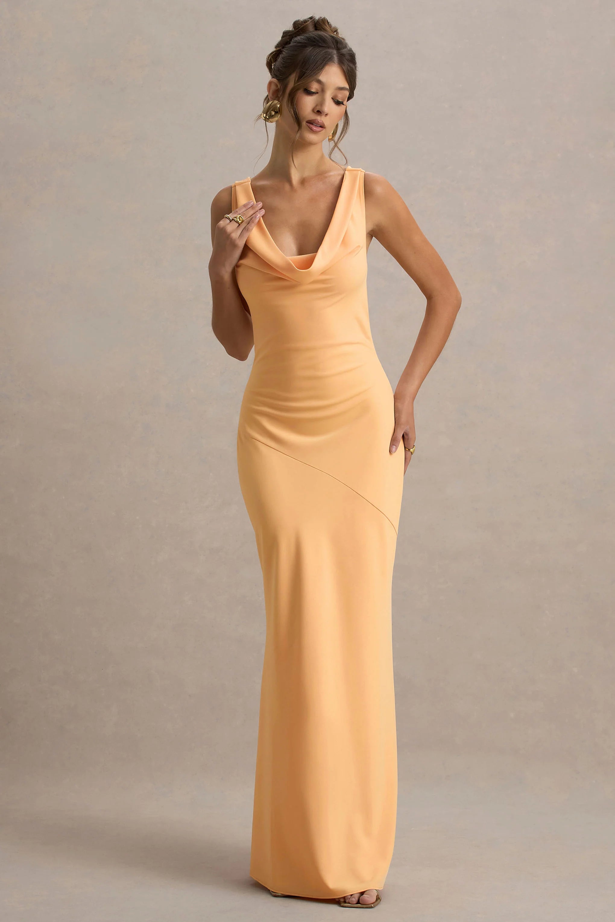 Alesso Peach Satin Cowl Neck Slip Maxi Dress