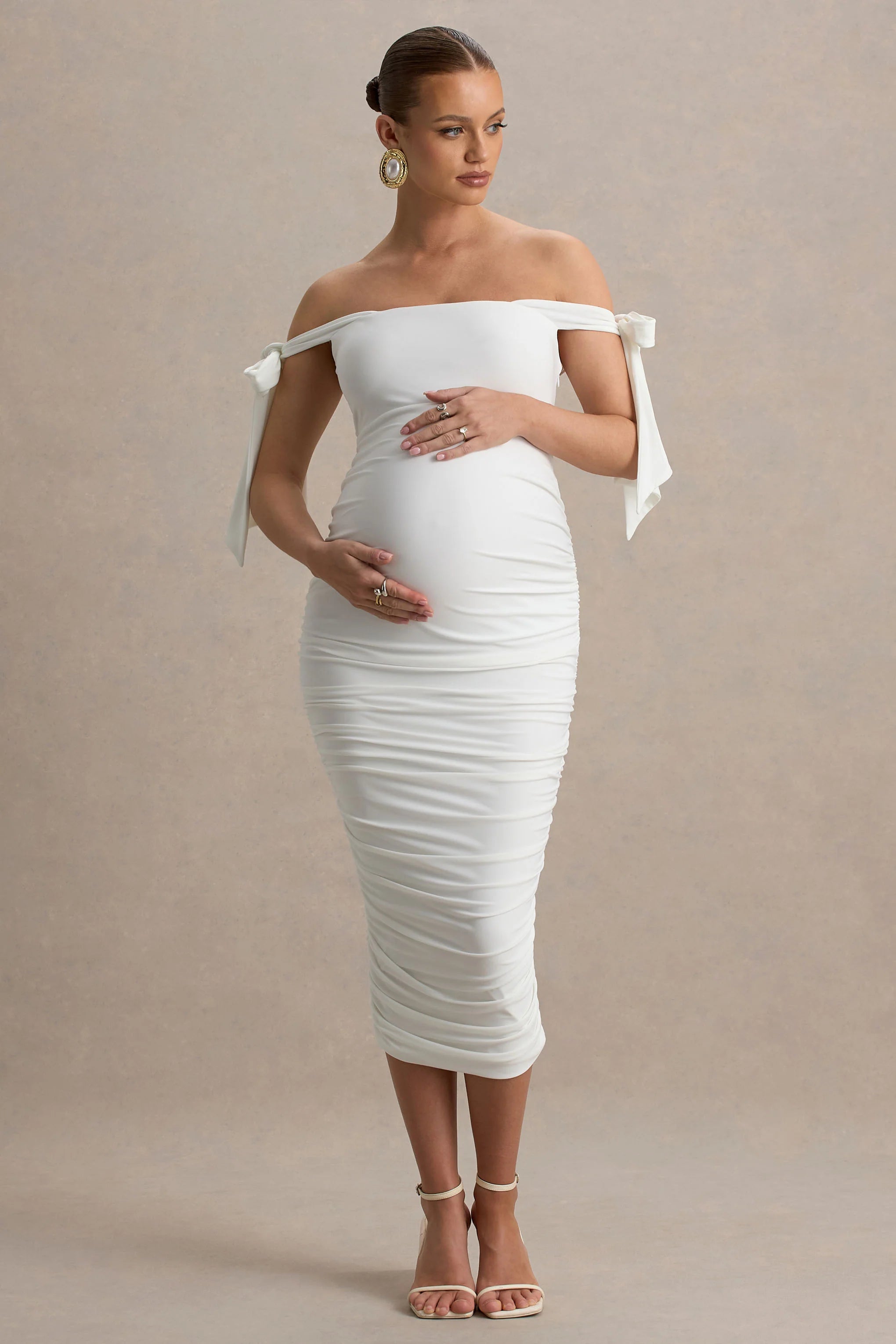Chandelier White Bardot Maternity Midi Dress With Bow Details