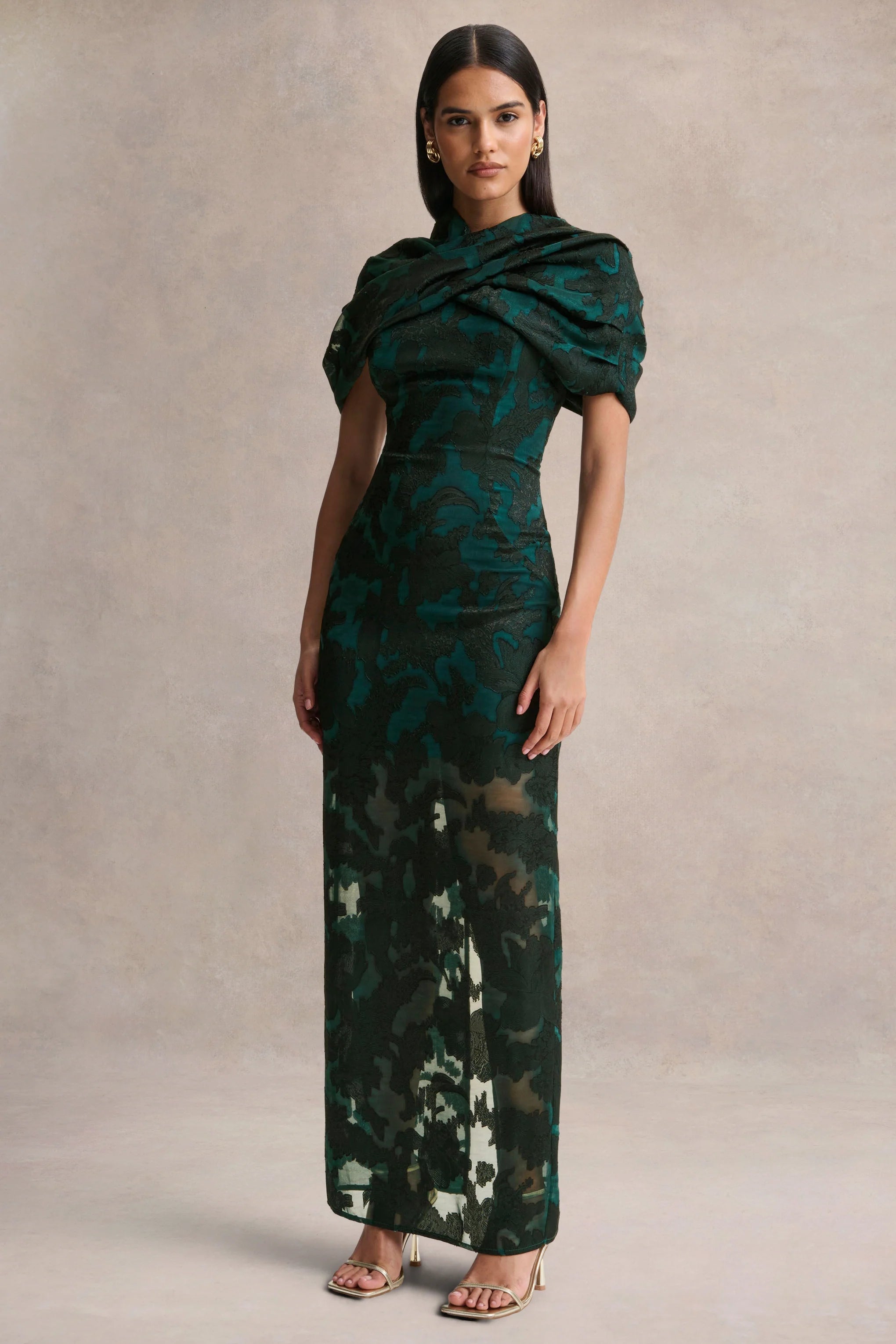 Hada Dark Green Satin Devore Square Neck Maxi Dress With Removable Twisted Cape