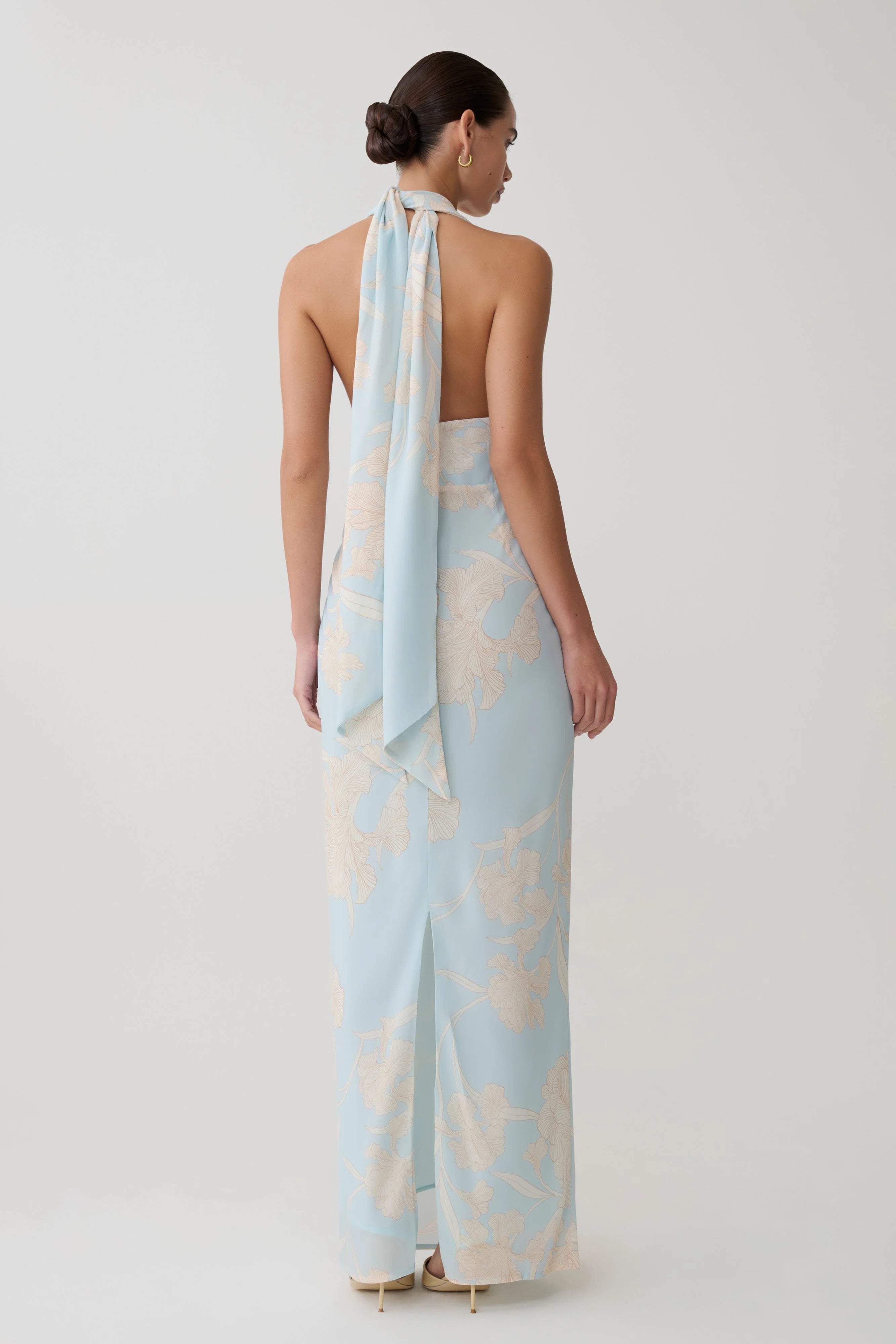 Nadine Halter Scarf Chiffon Maxi Dress Blue Floral Print