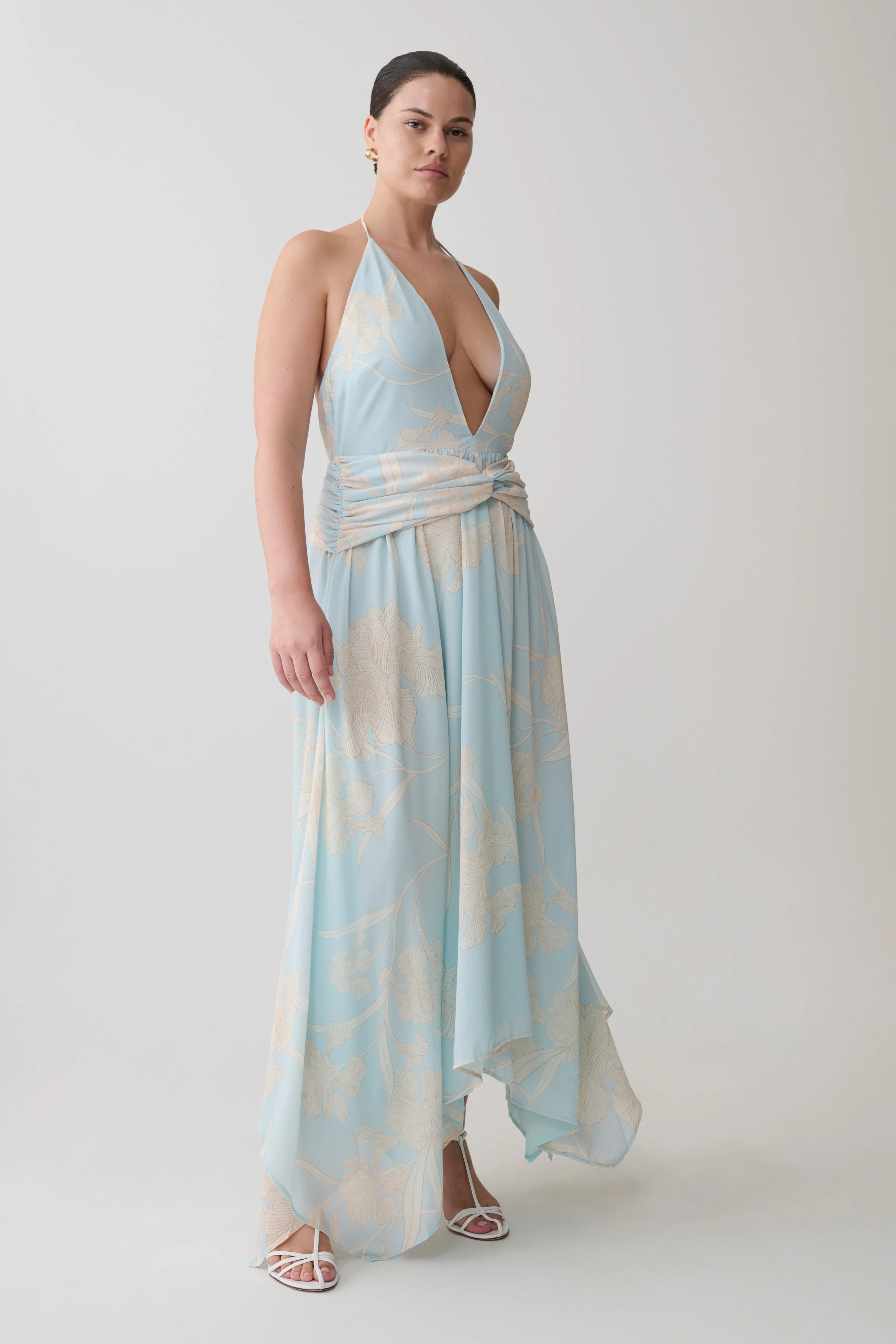 Cyra Plunge Chiffon Midi Dress Blue Floral Print