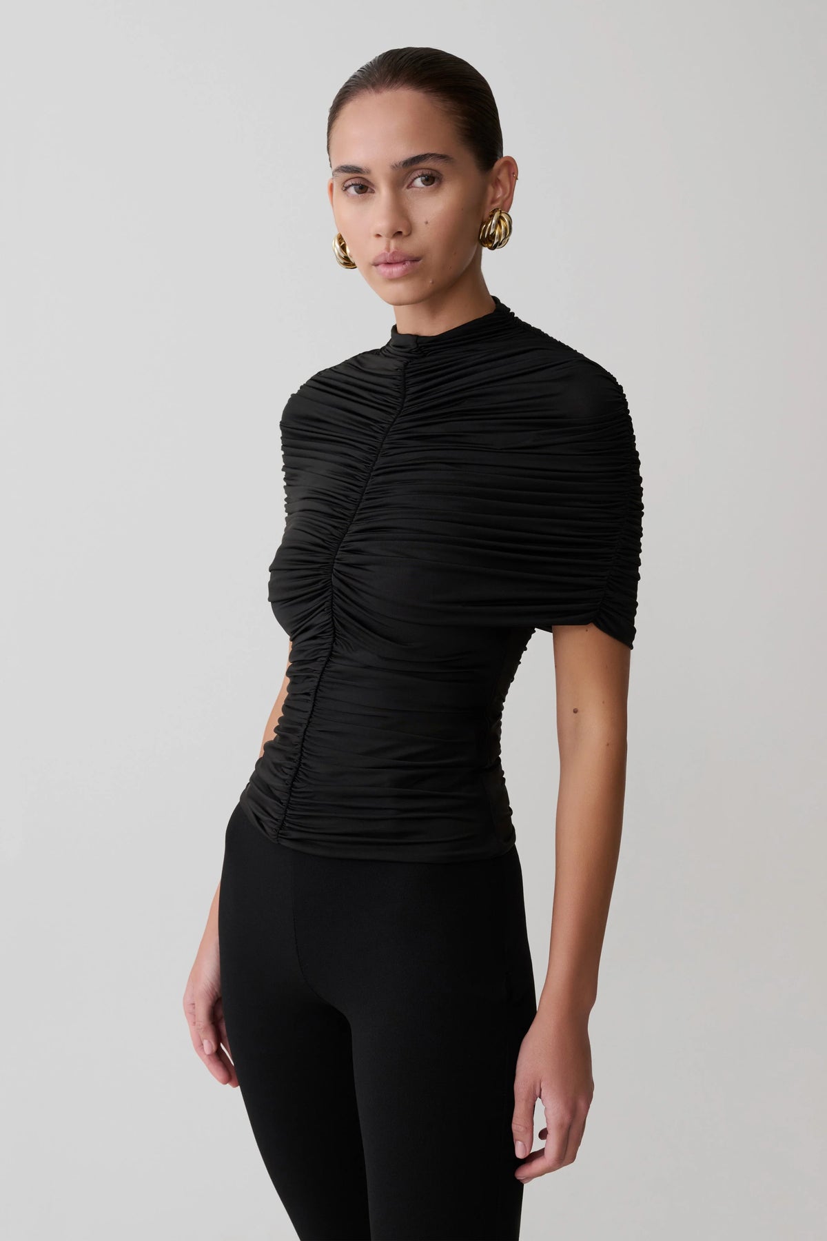 Linh Slinky High Neck Gathered Top Black