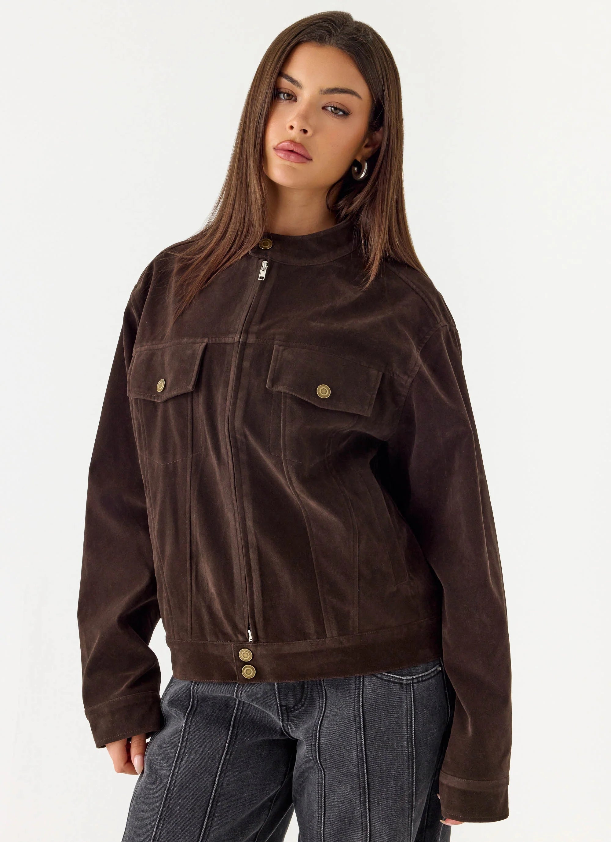 Jeremy Faux Suede Biker Jacket Dark Chocolate