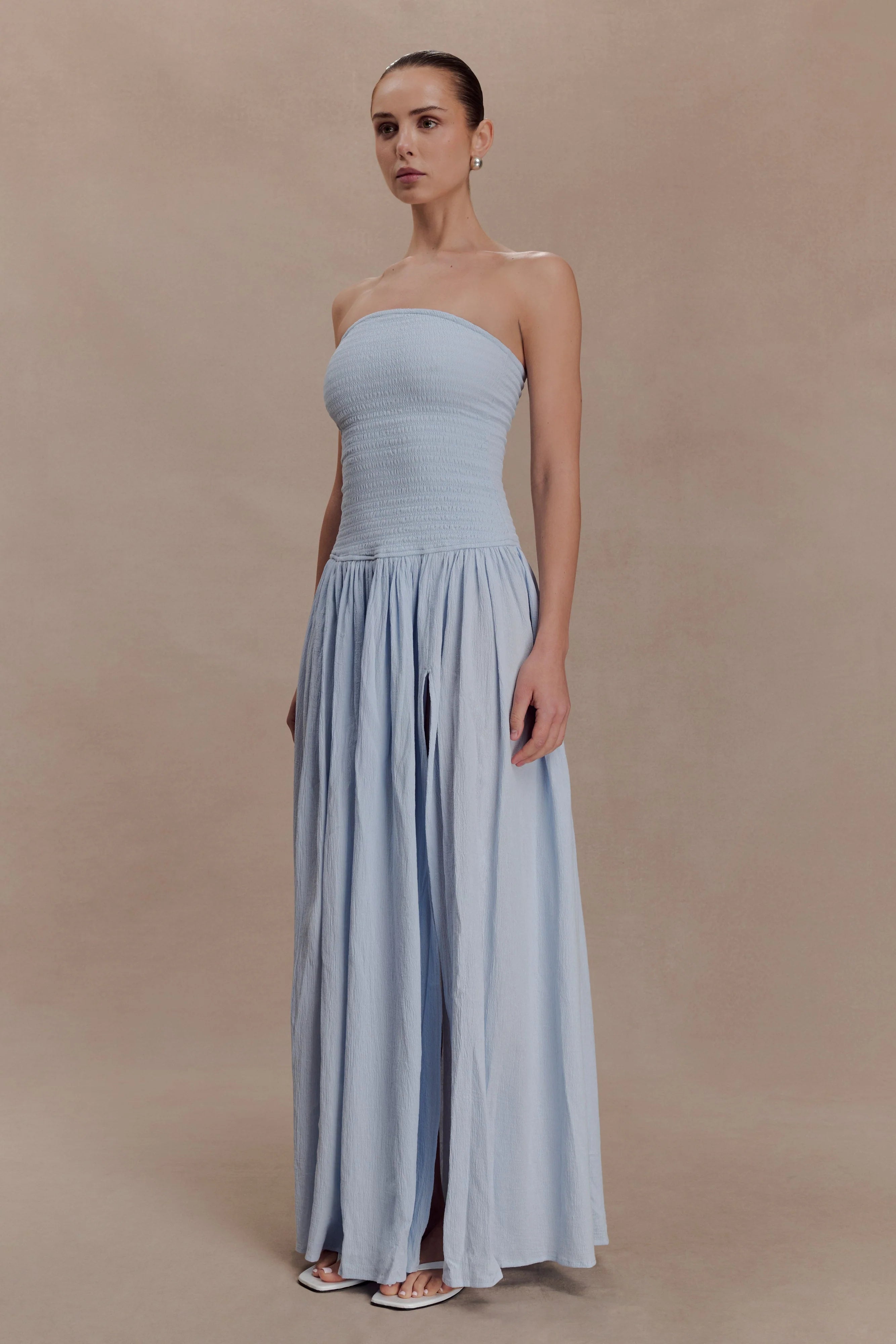 Maureen Cotton Shirring Maxi Dress Powder Blue