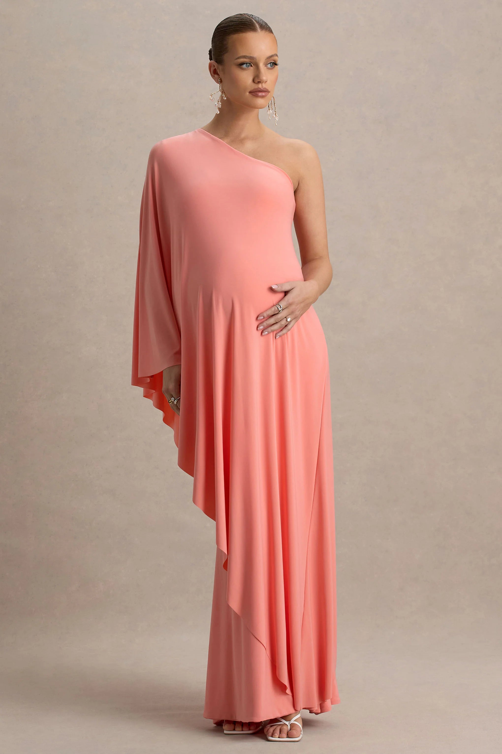 Waves Coral Asymmetric Maternity Maxi Dress With One Sleeve Cape