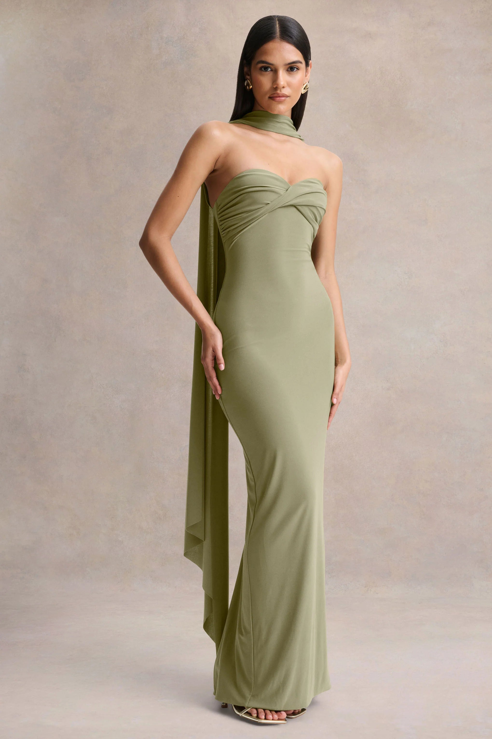 Sheila Olive Bandeau Maxi Dress With Scarf Detail