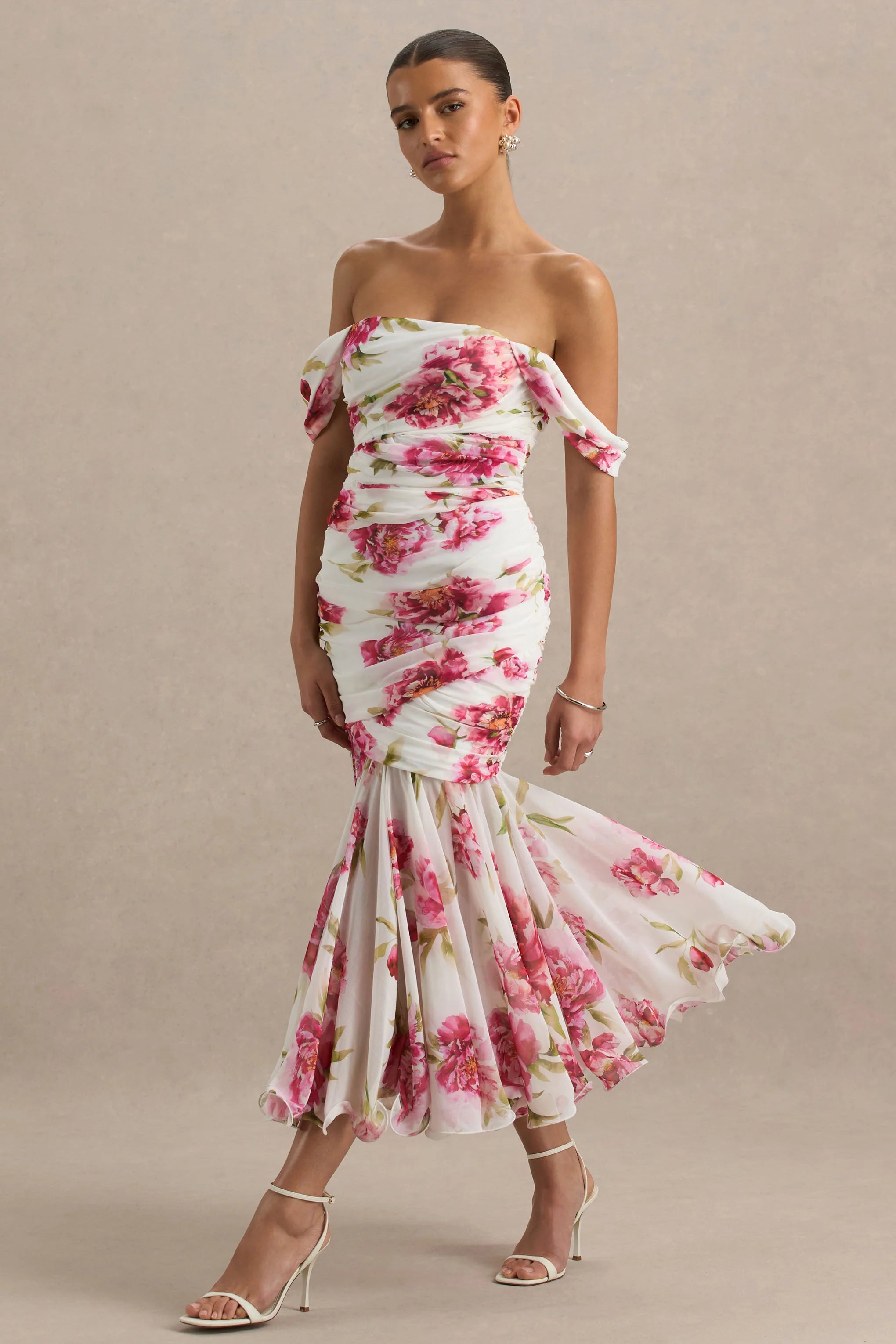 Madelyn Cream Floral Print Short Sleeve Bardot Wrap Maxi Dress With Ruching
