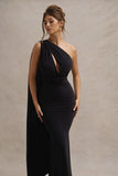 Elaina Black Asymmetric Knot Maxi Dress With Sash