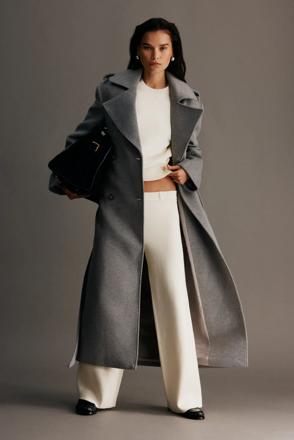 Levi Long Trench Wool Coat Grey Marle