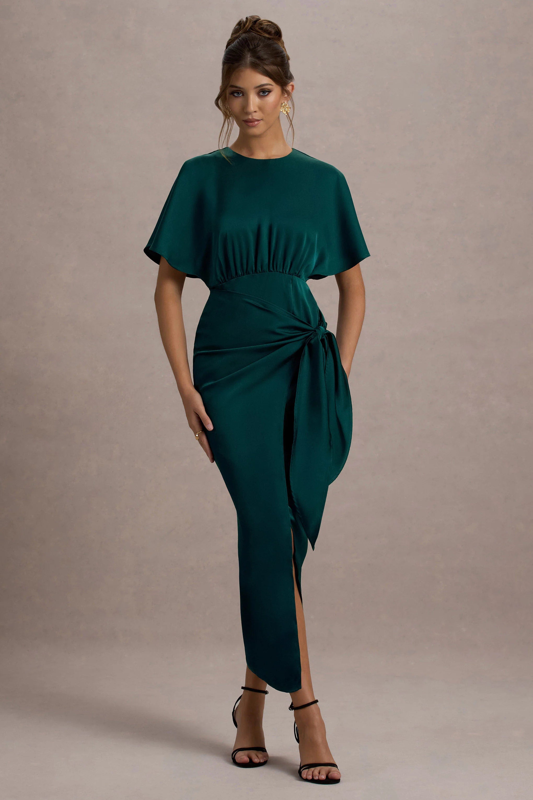 Mika Bottle Green Satin Short Sleeve Wrap Maxi Dress