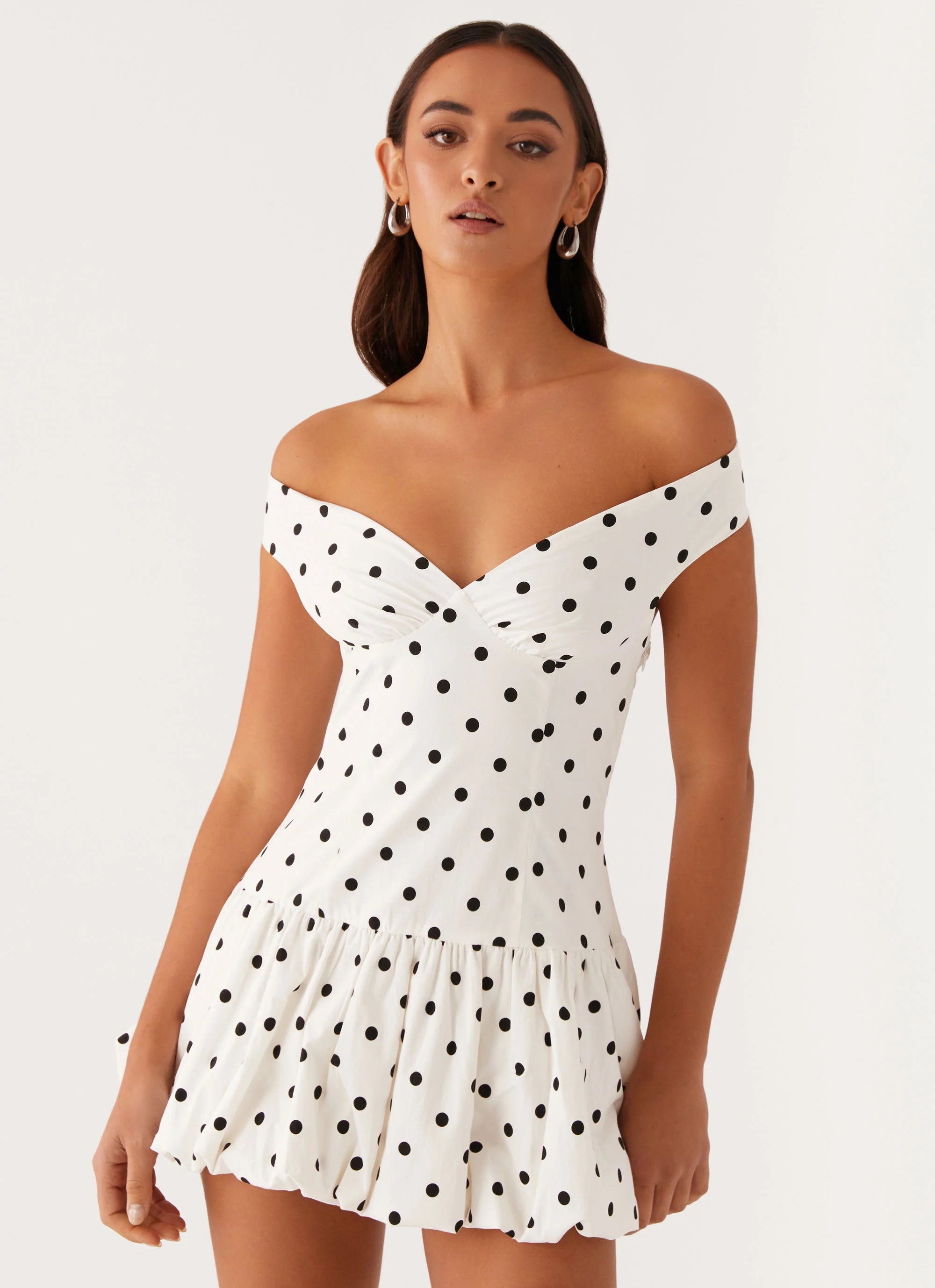 Endless Romance Off Shoulder Mini Dress White Polka Dot
