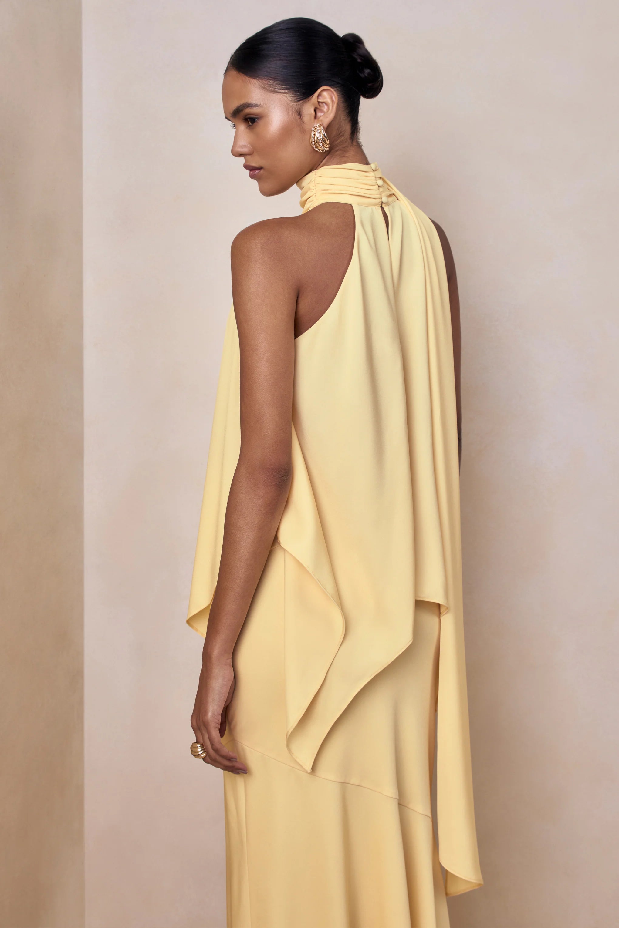 Vayla Lemon Matte Satin Asymmetric Drop Waist Maxi Skirt