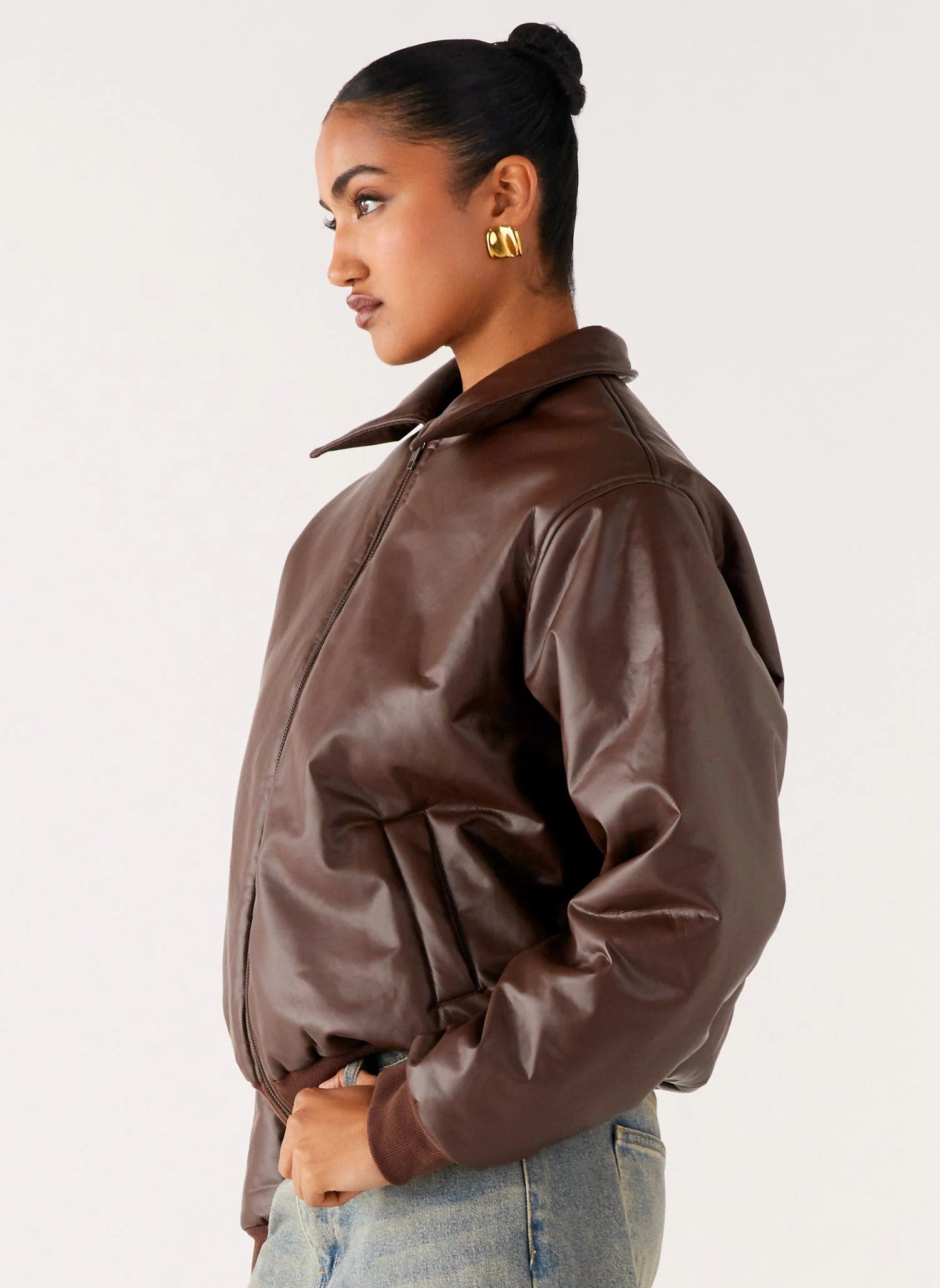 Outlands Faux Leather Bomber Jacket Chocolate