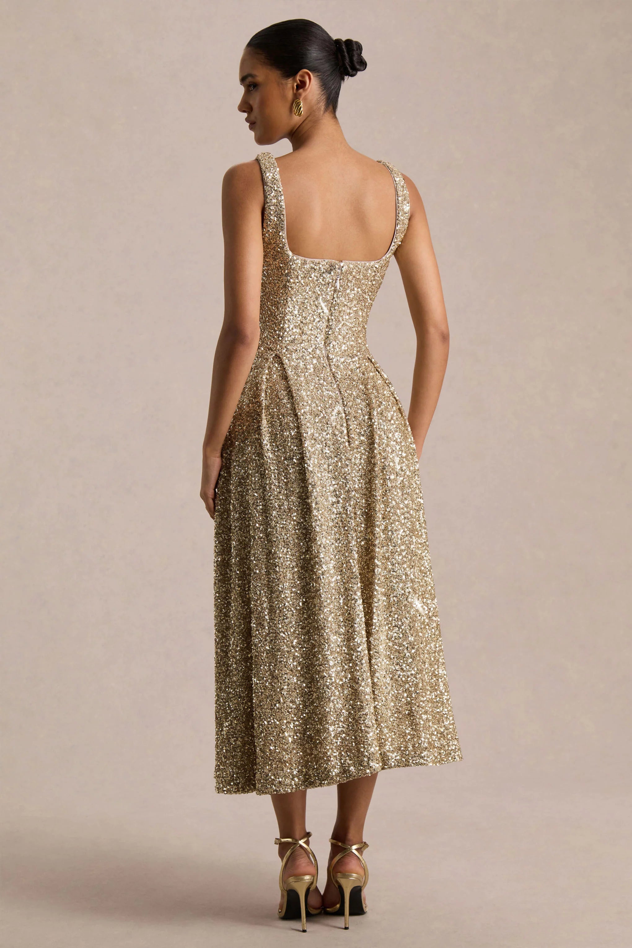Lima Champagne Sequin Square Neck A Line Midi Dress
