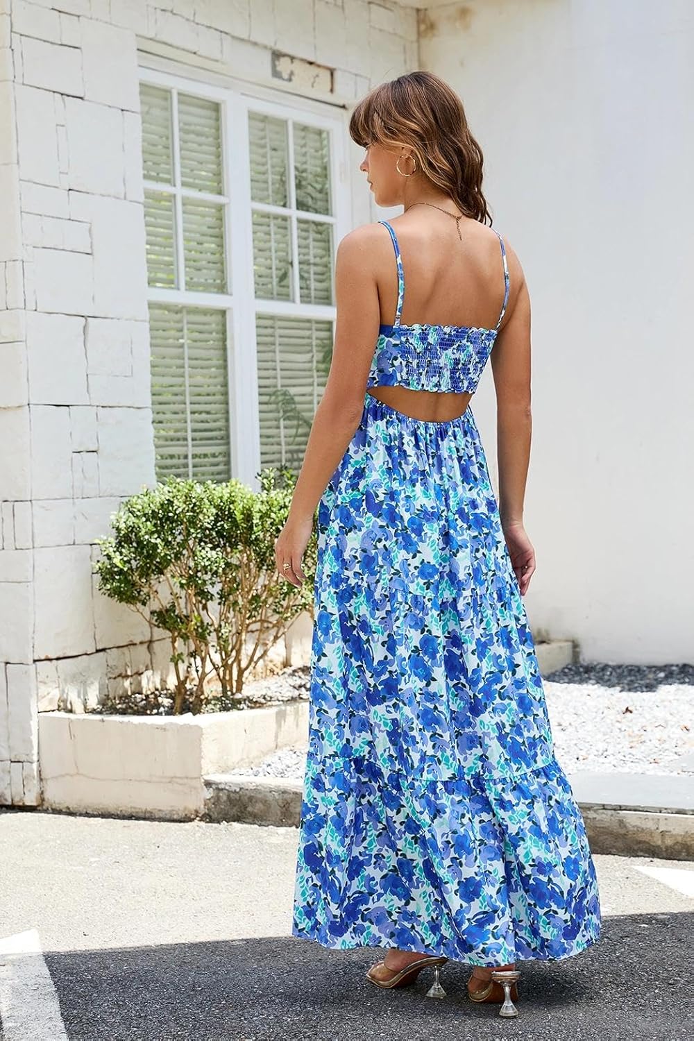Women Floral Maxi Dress Tie Front Cut Out Backless Boho Spaghetti Strap Summer Beach Sundress