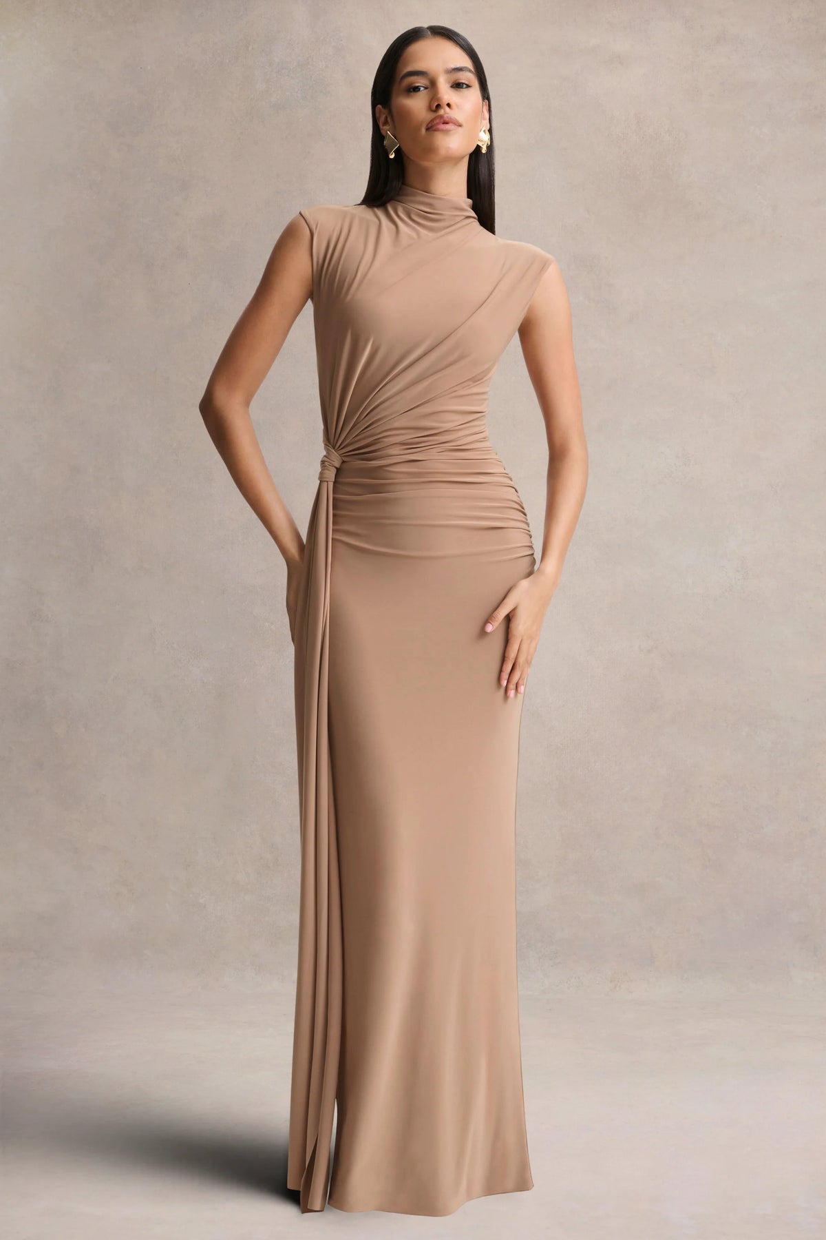Solene Brown High Neck Maxi Dress With Wrap And Drape Detail