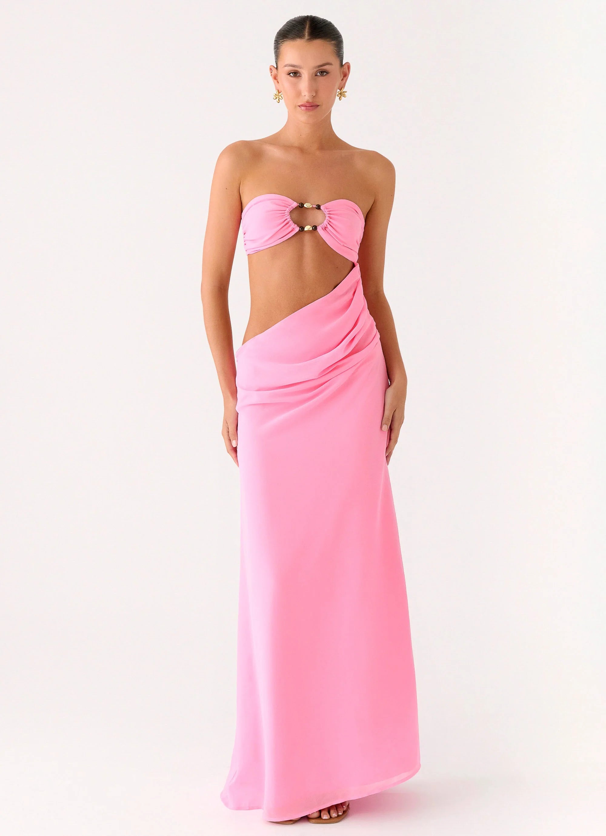 Falling Forever Strapless Beaded Maxi Dress Pink