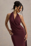 Rosina Burgundy Halter Neck Draped Maxi Dress With Sash