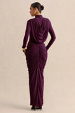 Harmona Dark Plum High Neck Maxi Dress With Gathered And Draped Detailing