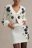 Louvre Cream Black Knit Cropped Floral Cardigan