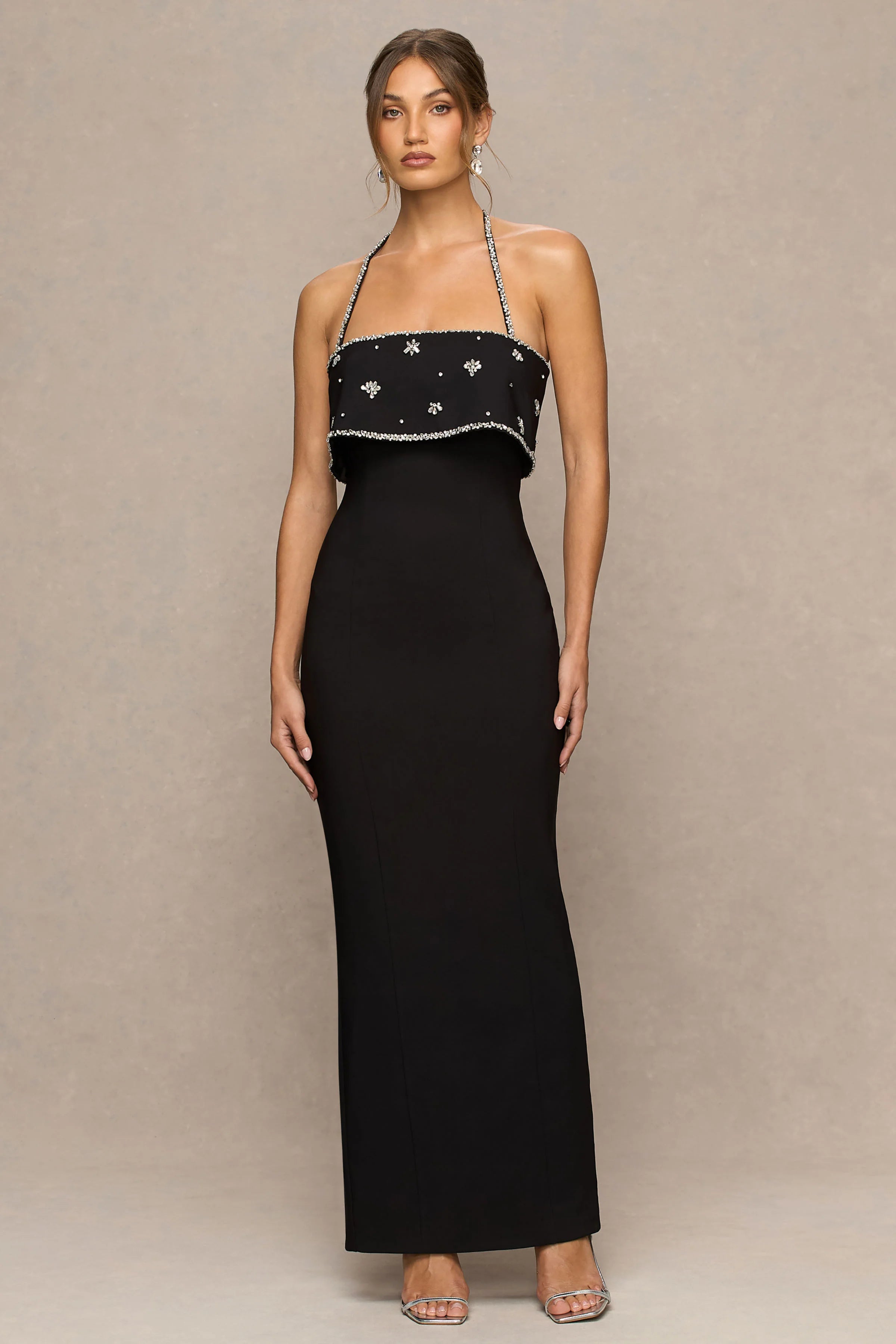 Illiana Black Bandeau Hand Embellished Maxi Dress