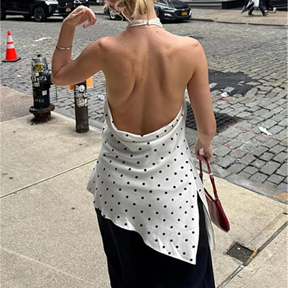 Women Polka Dot Satin Halter Top Backless Side Slit Tank Tops Going Out Clubwear