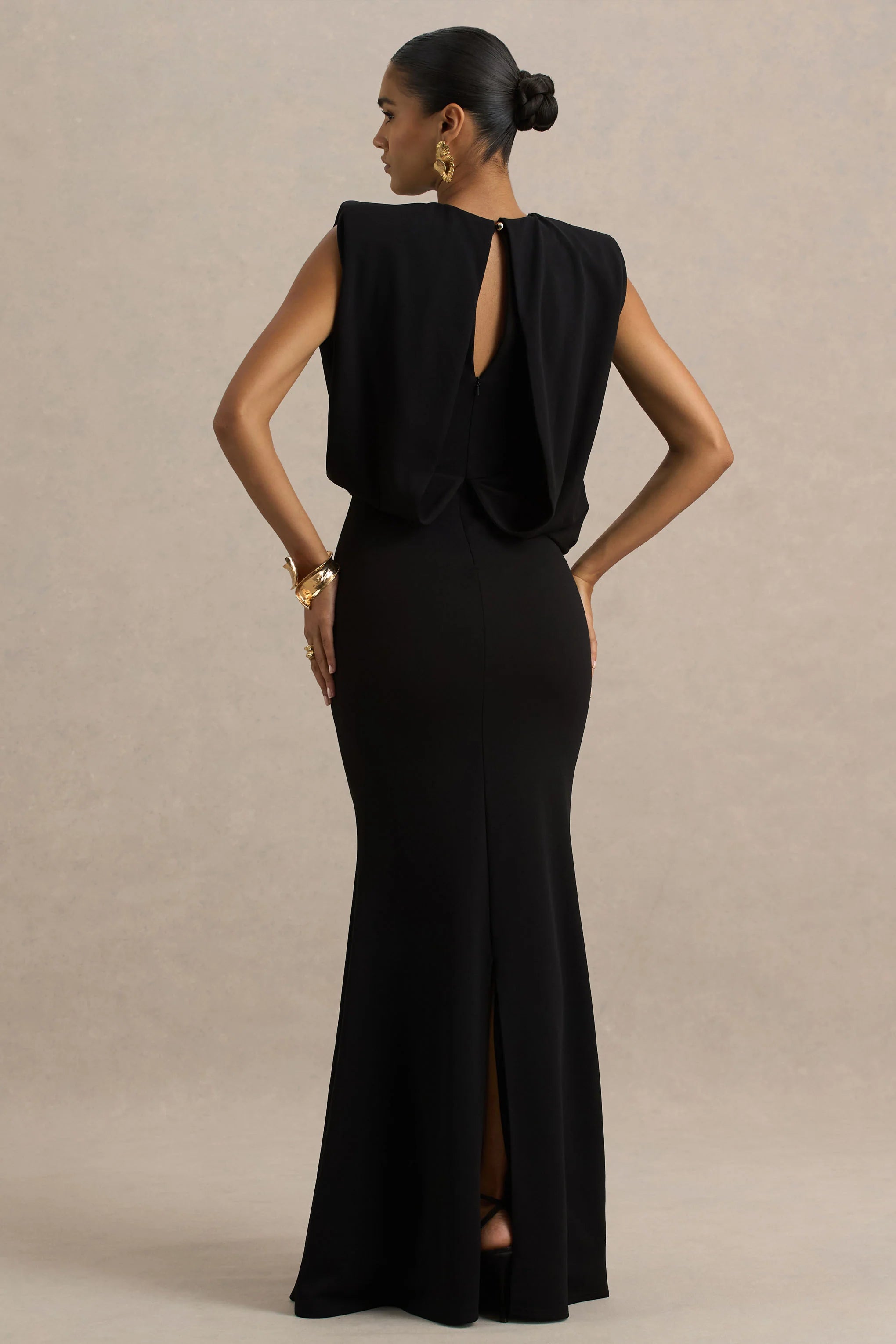 Meave Black Boat Neck Maxi Dress With Draped Detail