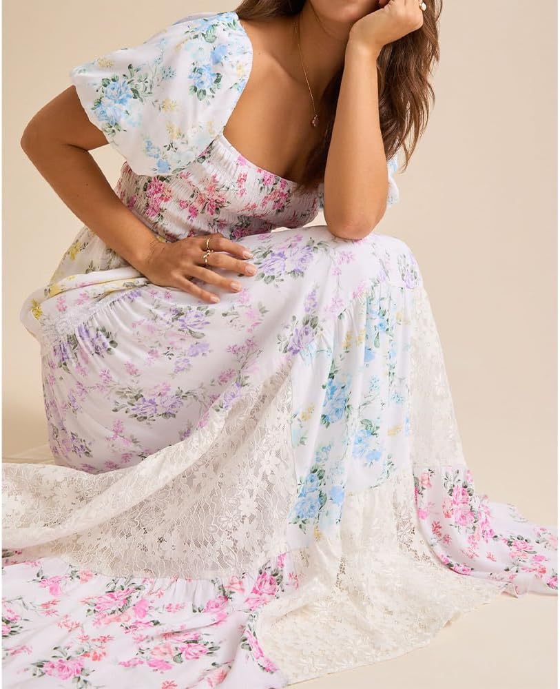 Women Floral Maxi Dress Smocked Puff Sleeve Square Neck Lace Patchwork Tiered Boho Long Dress Vacation Garden Party