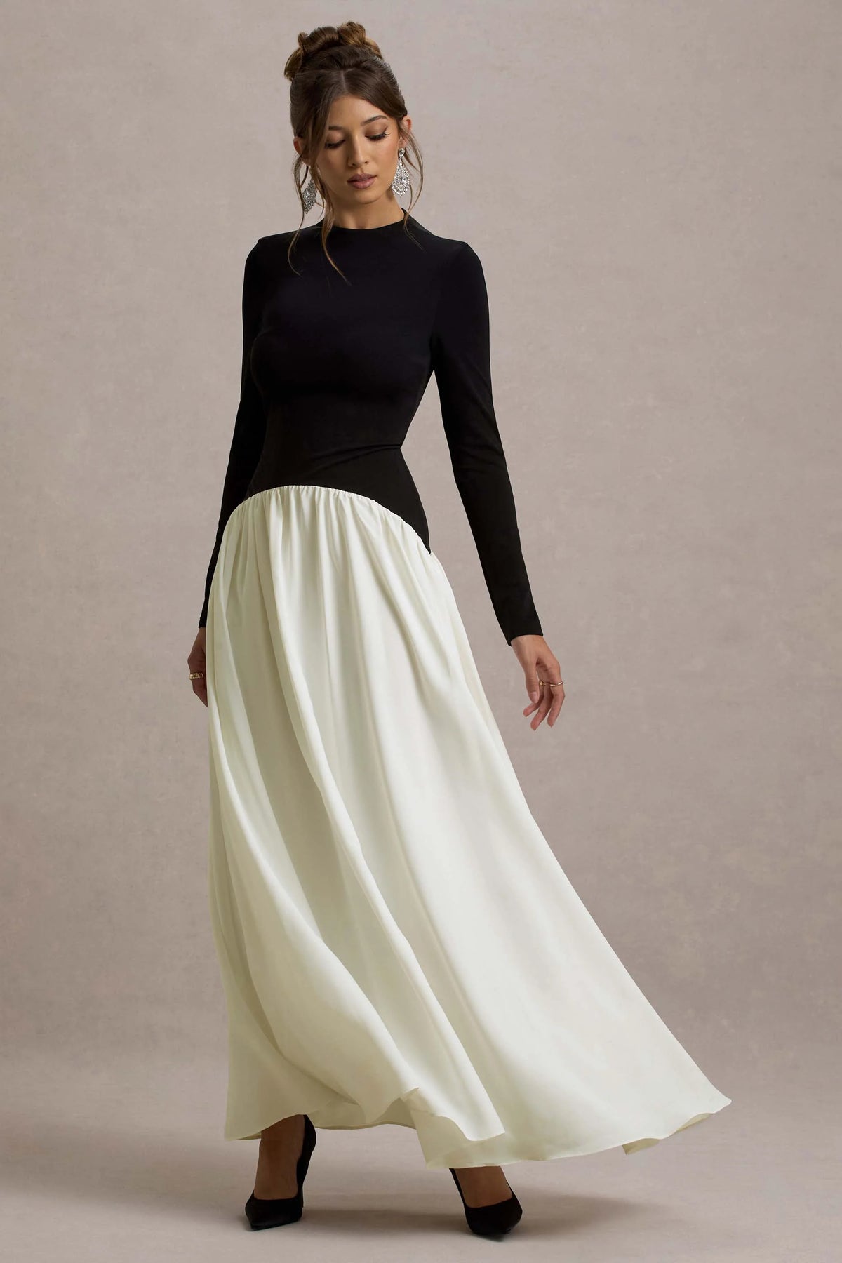 Benedetta Black Cream Long Sleeve Drop Waist Maxi Dress