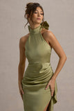 Maureen Light Green Satin High Neck Draped Maxi Dress