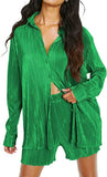 Pleated 2 Piece Outfits for Women Long Sleeve Oversized Button Down Shirt Wide Leg Pants Sets Casual Loungewear