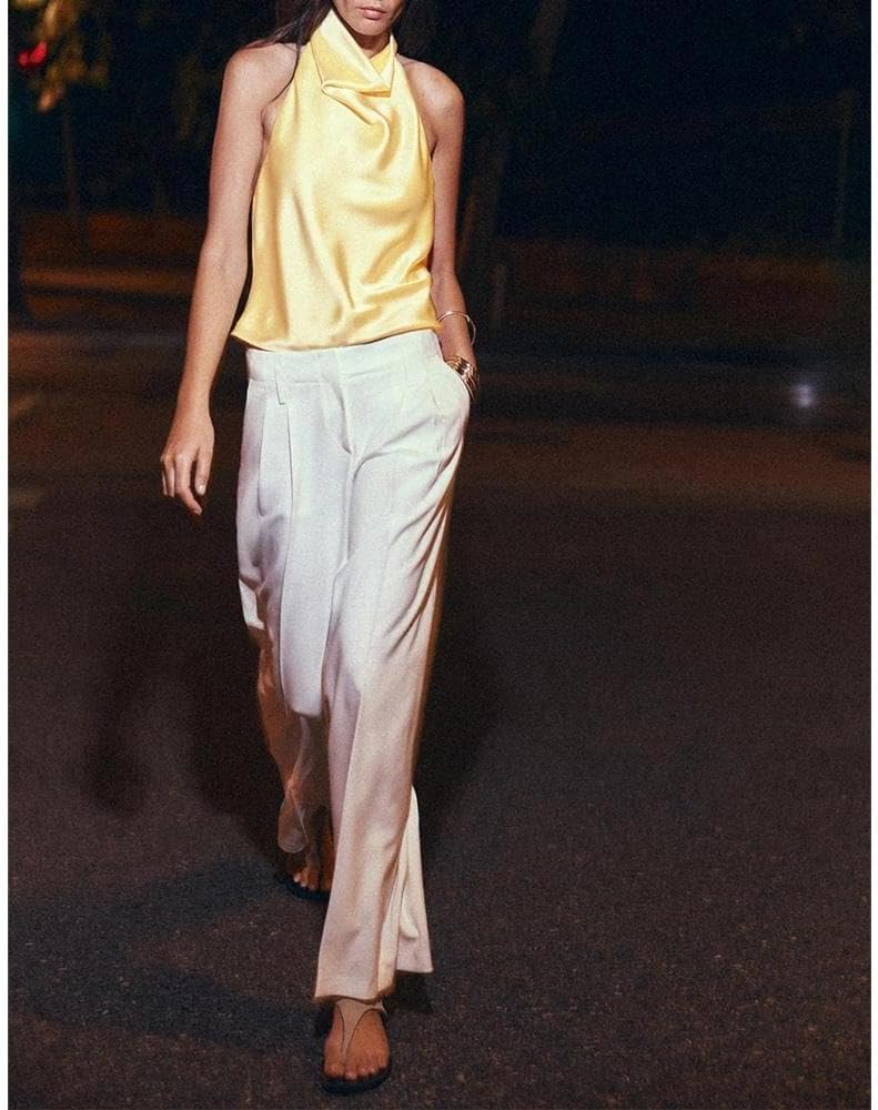 Women Halter Top Cowl Neck Backless Satin Silk Tank Tops Elegant Going Out Clubwear