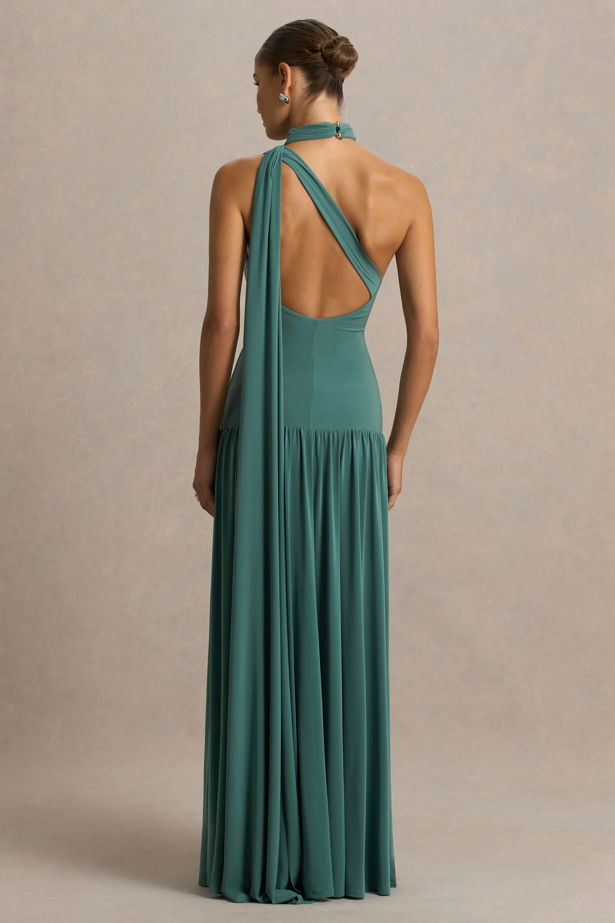 Freesia Teal Asymmetric Neck Maxi Dress With Scarf Detail