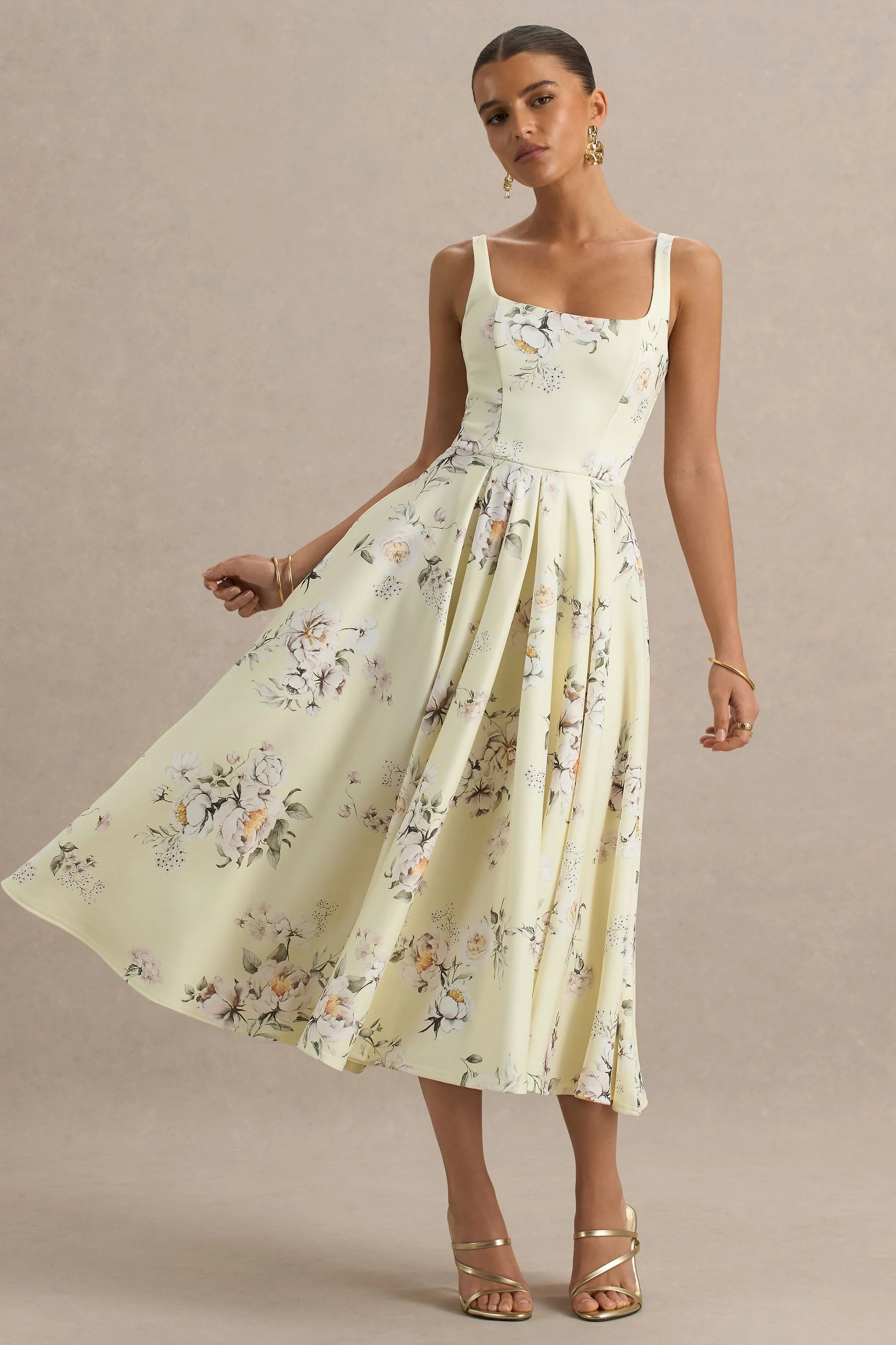 Lissa Lemon Floral Bouquet Print Square Neck Midi Dress