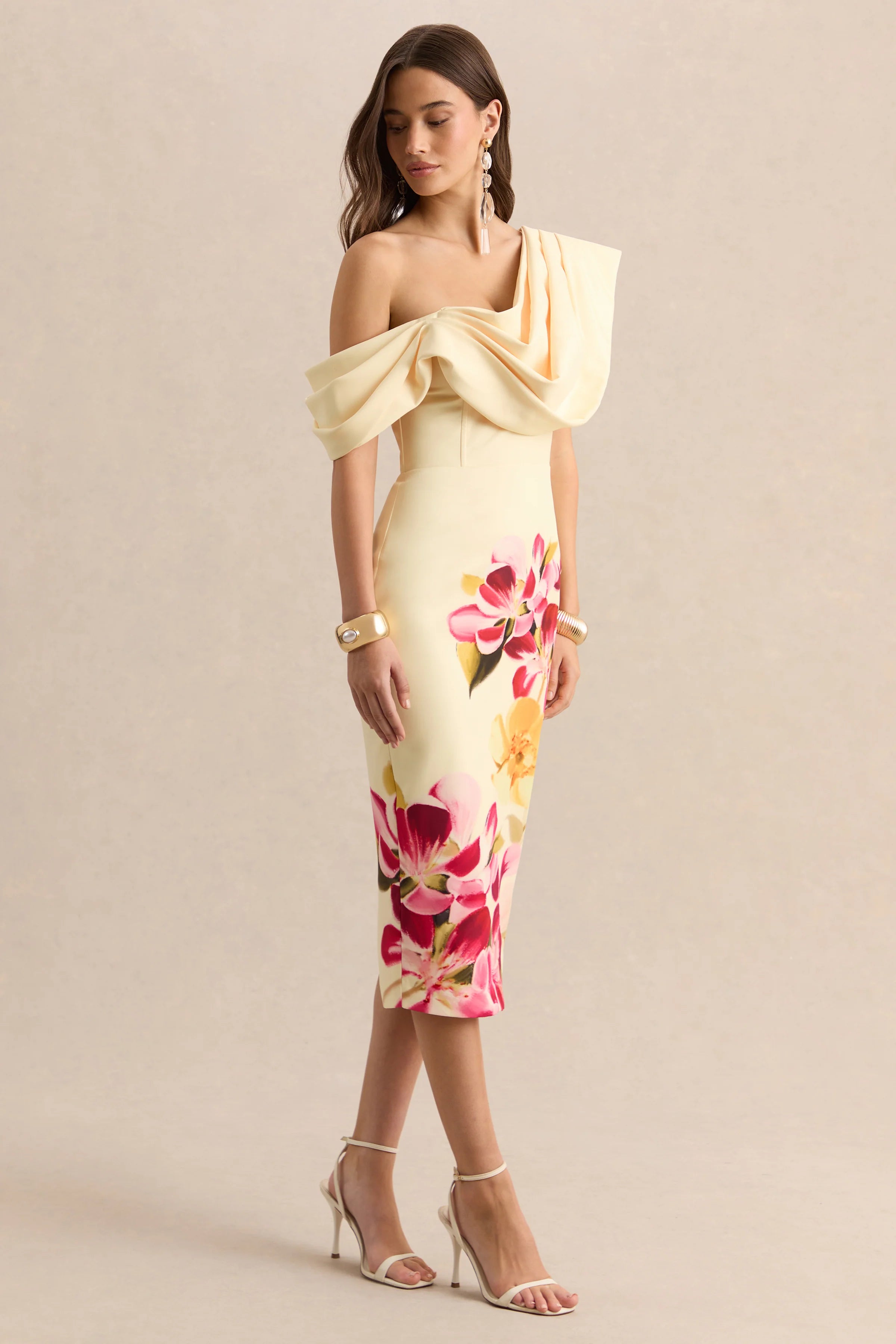 Adrina Hot Pink Lemon Floral Print Draped One Shoulder Midi Dress