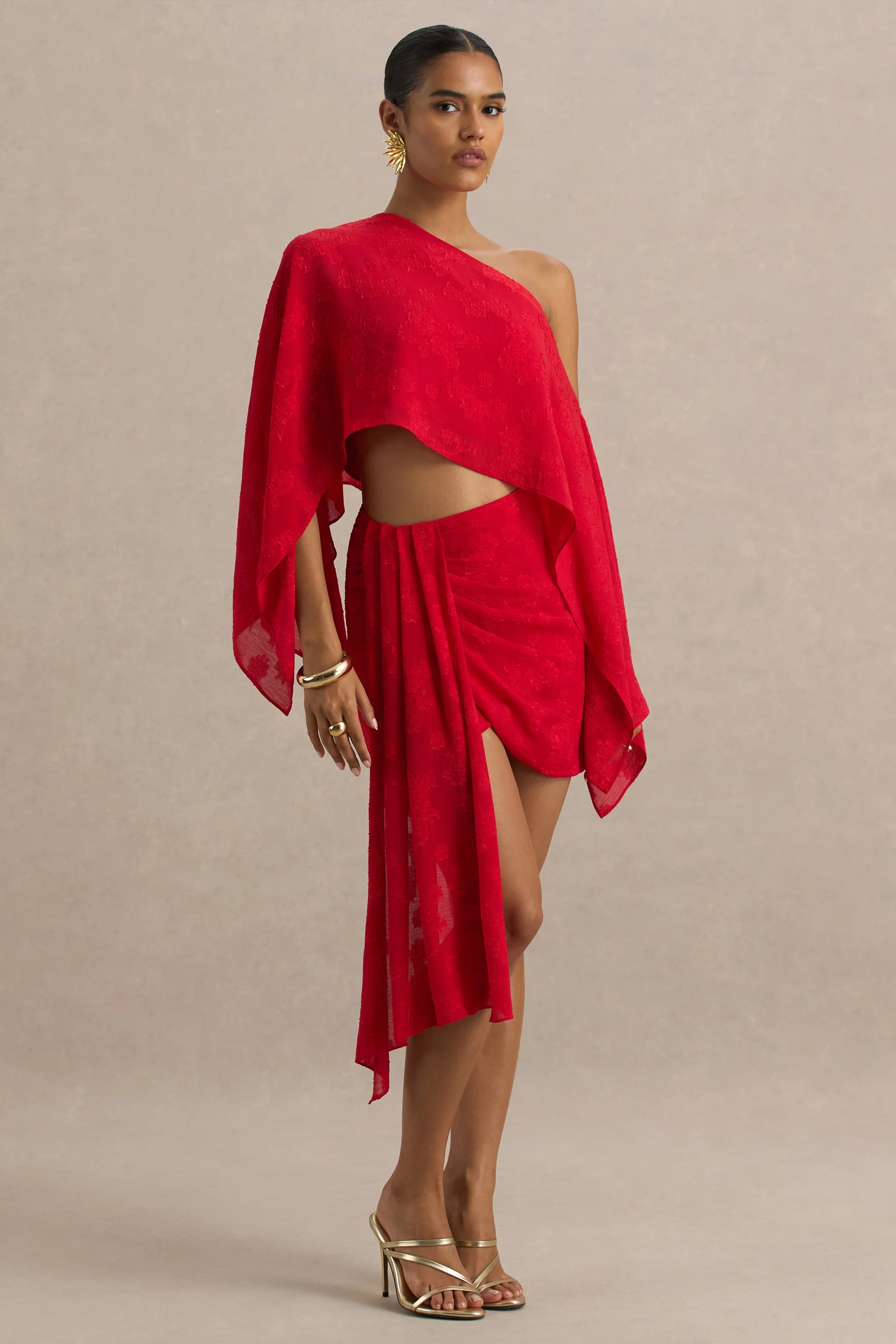 Melania Red Satin Devore Wrap Mini Skirt With Sash Detail