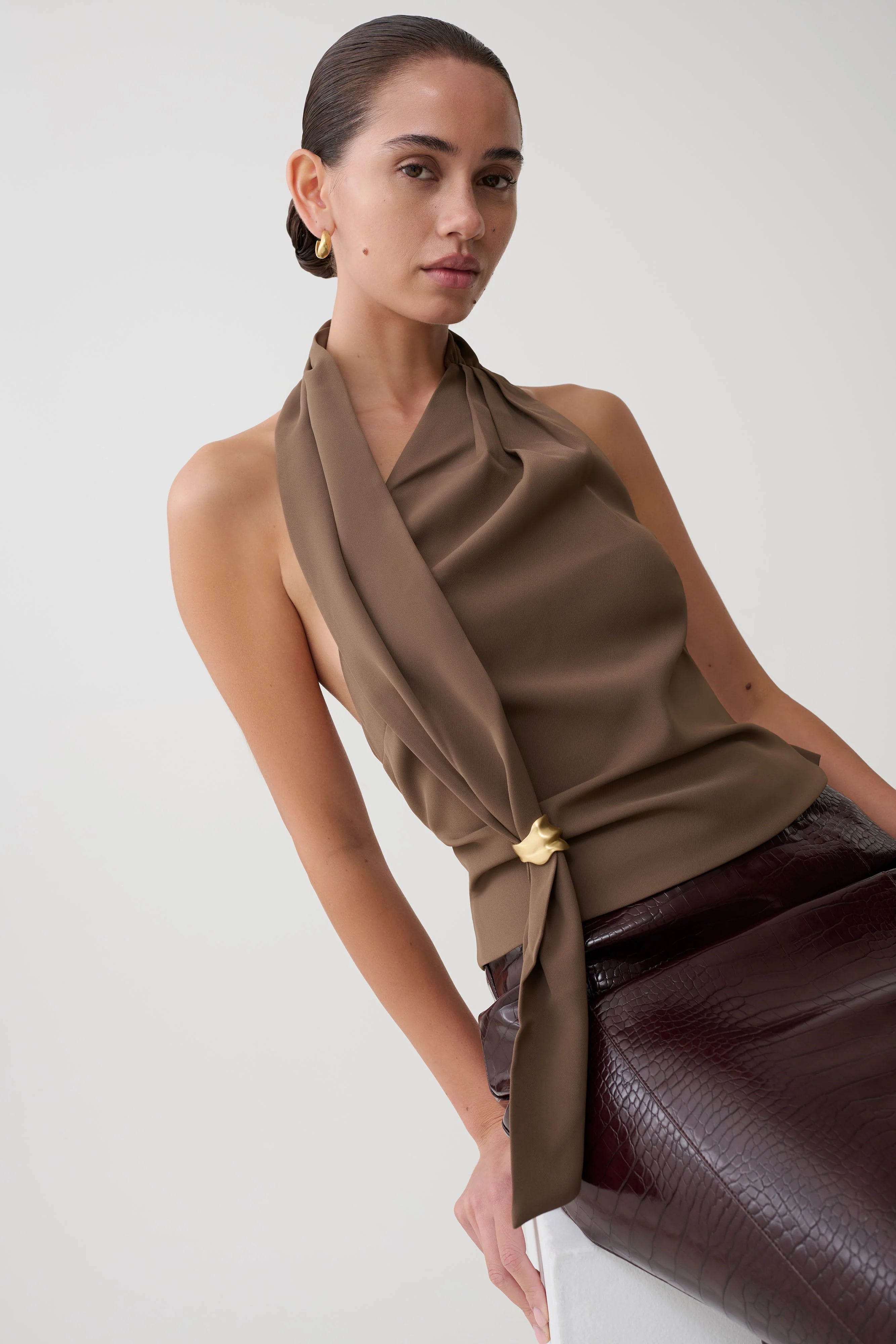 Marina Halter Top With Hardware Cacao Brown