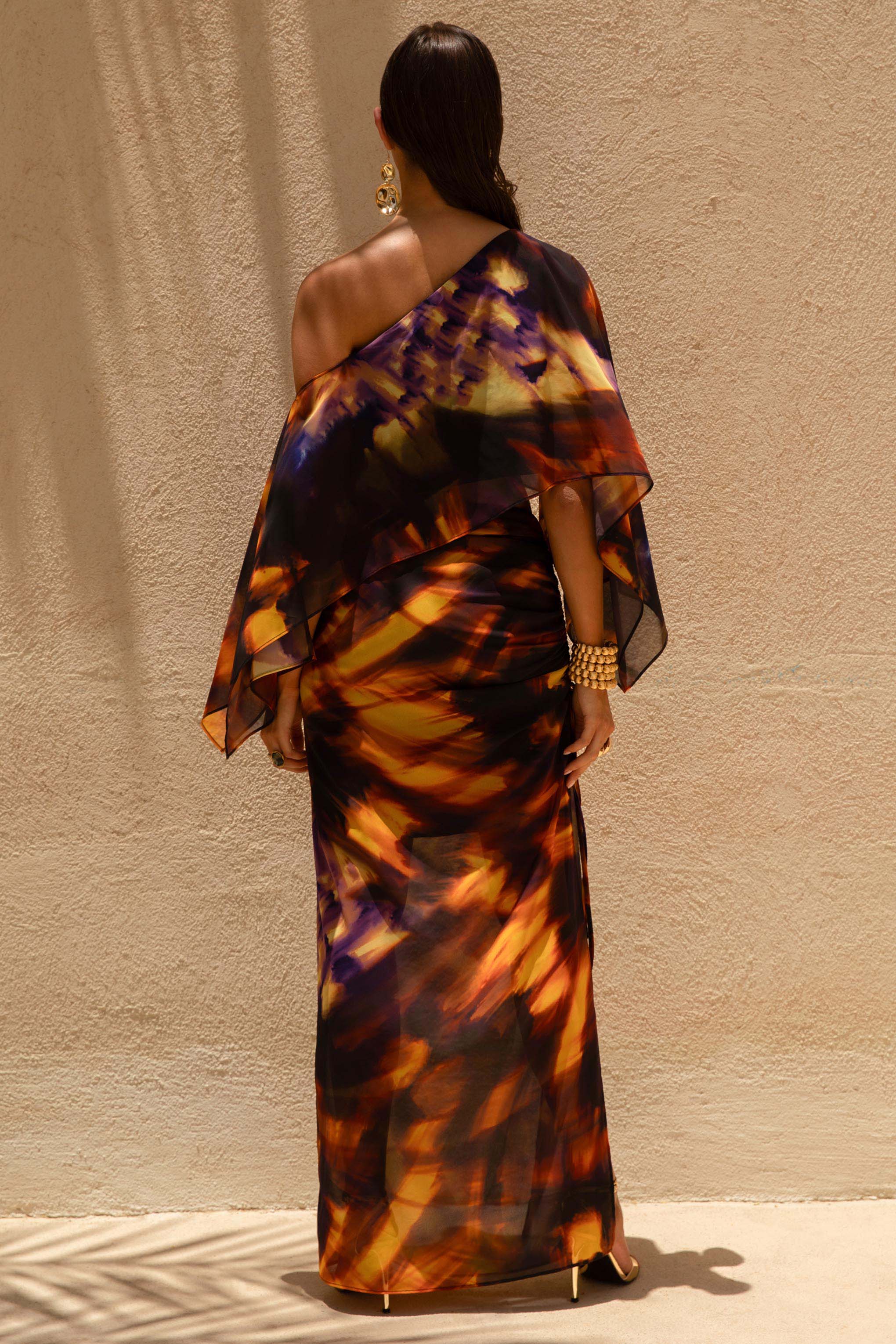 Nadine Smoke Print Asymmetric Maxi Skirt With Split