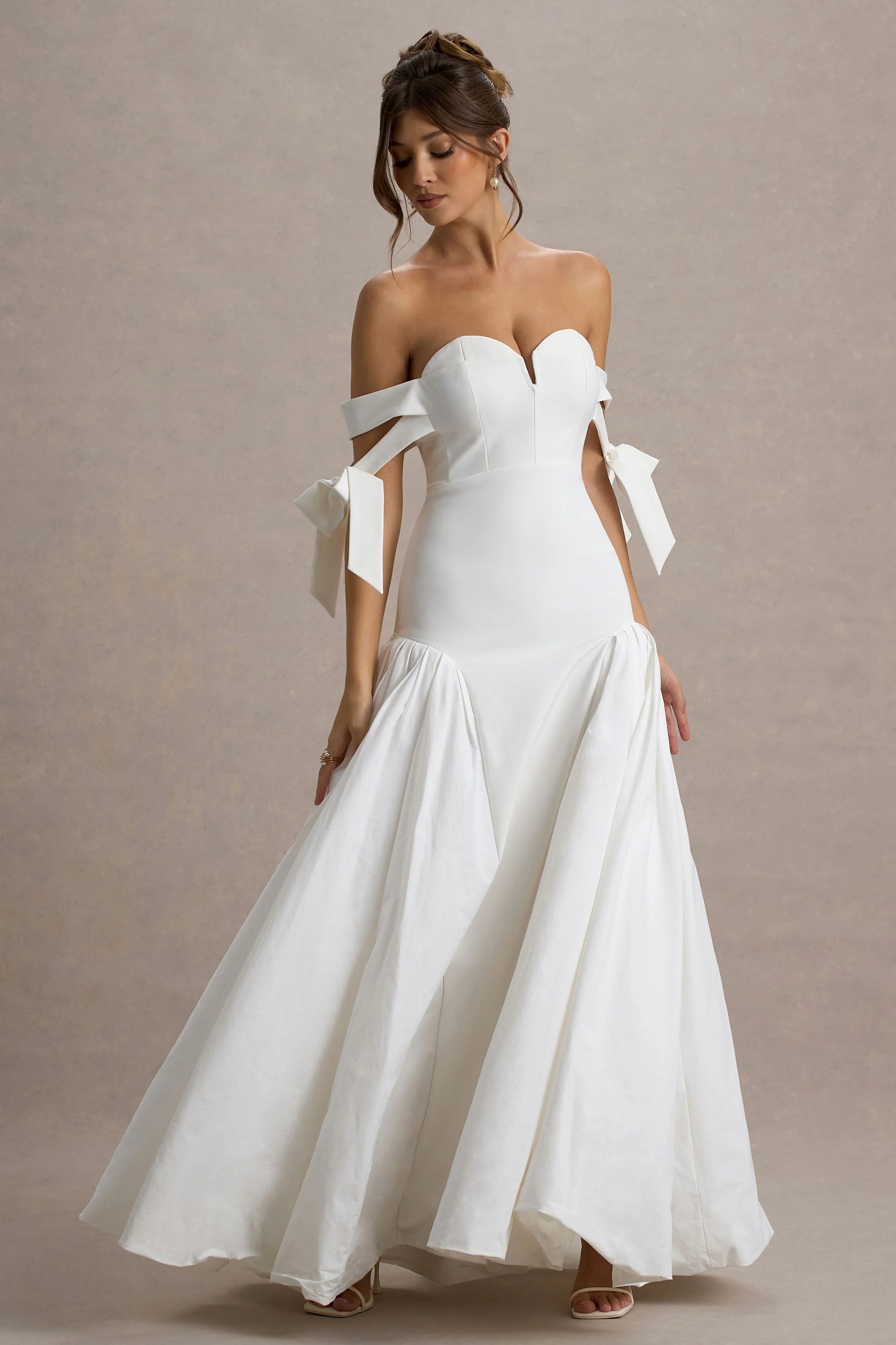Ethel White Cream Bardot Maxi Dress With Volume Skirt