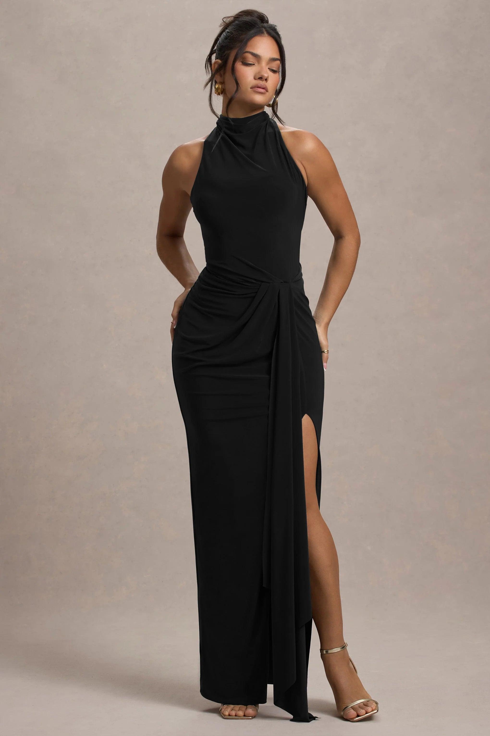 Khari Black High Neck Twisted Maxi Dress With Drape