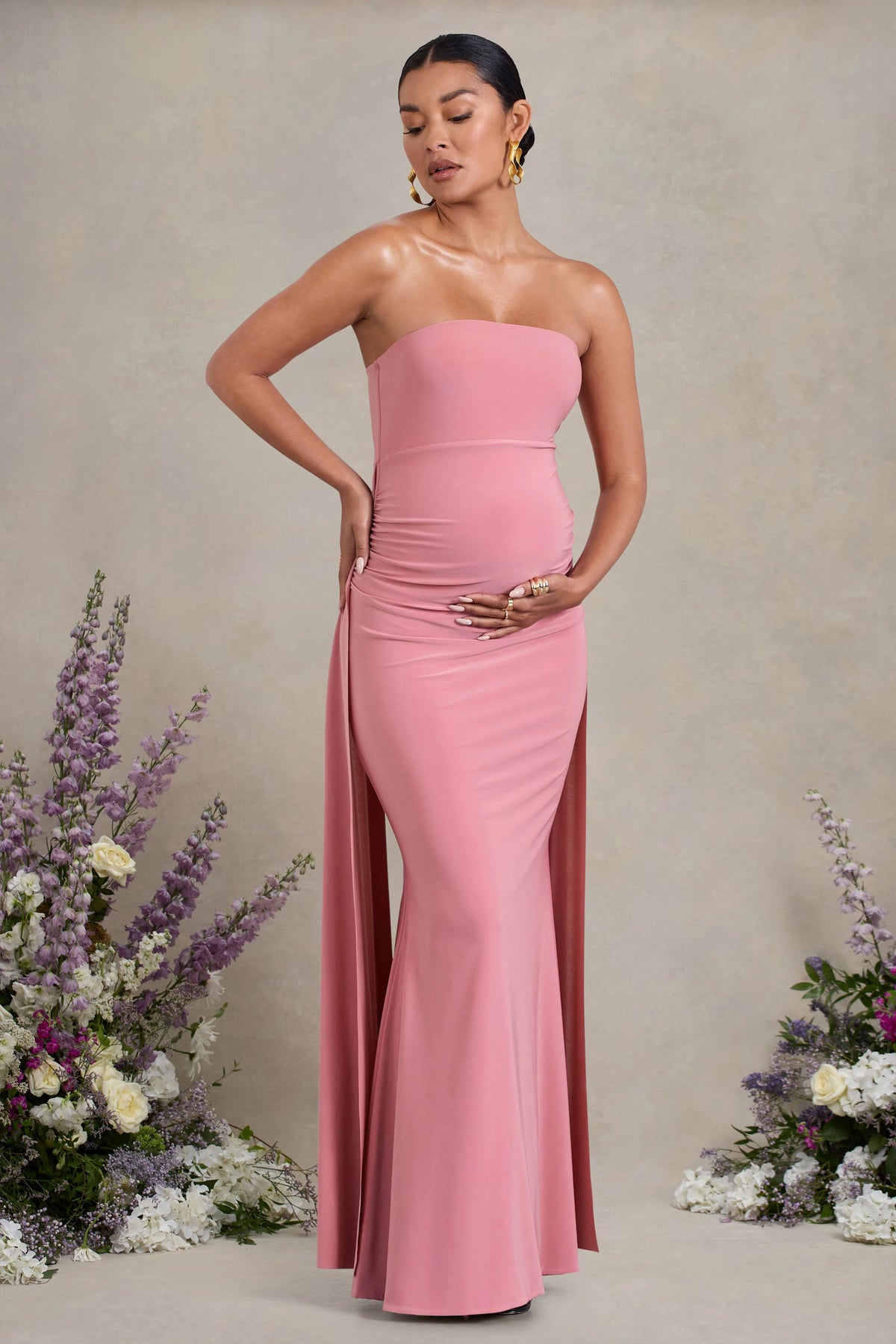 Christina Blush Pink Bandeau Sleeveless Maternity Maxi Dress With Cape
