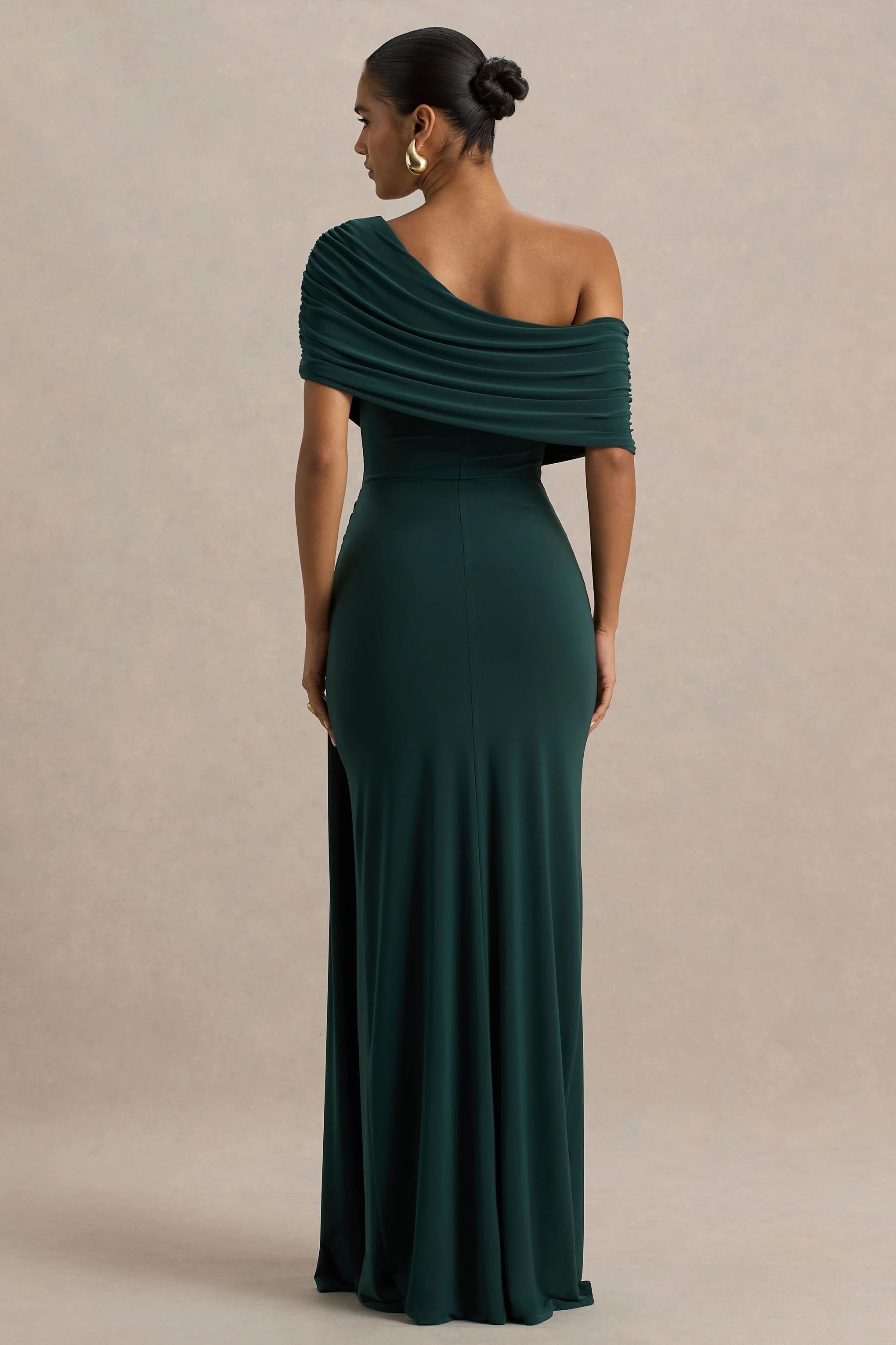 Dynasty Dark Green Asymmetric Neck Maxi Dress With Ruched Detailing And Front High Split