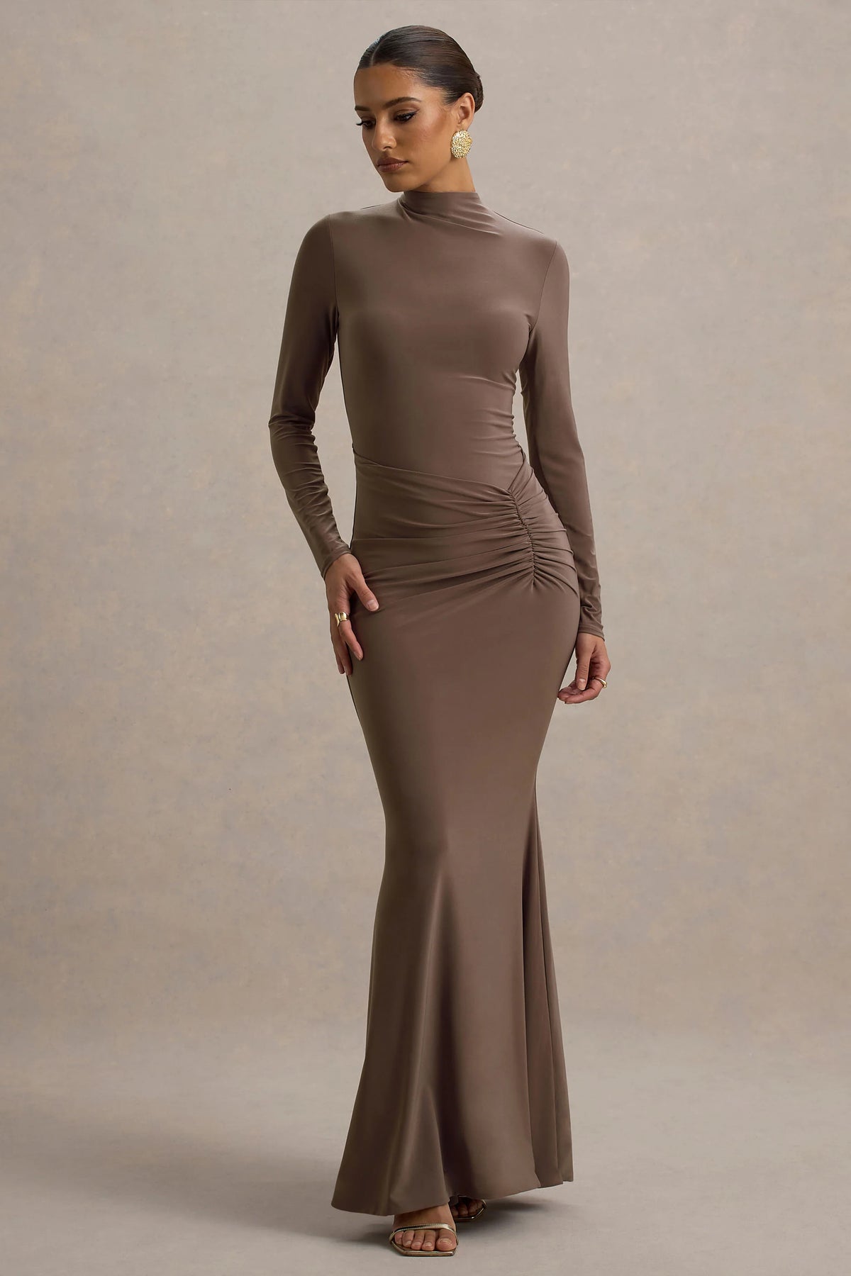 Reid Brown Long Sleeve Gathered Maxi Dress