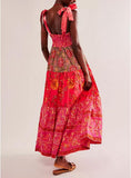 Women Floral Maxi Dress Tie Shoulder Patchwork Smocked Flowy Boho Dress with Pockets Summer Vacation Sundress